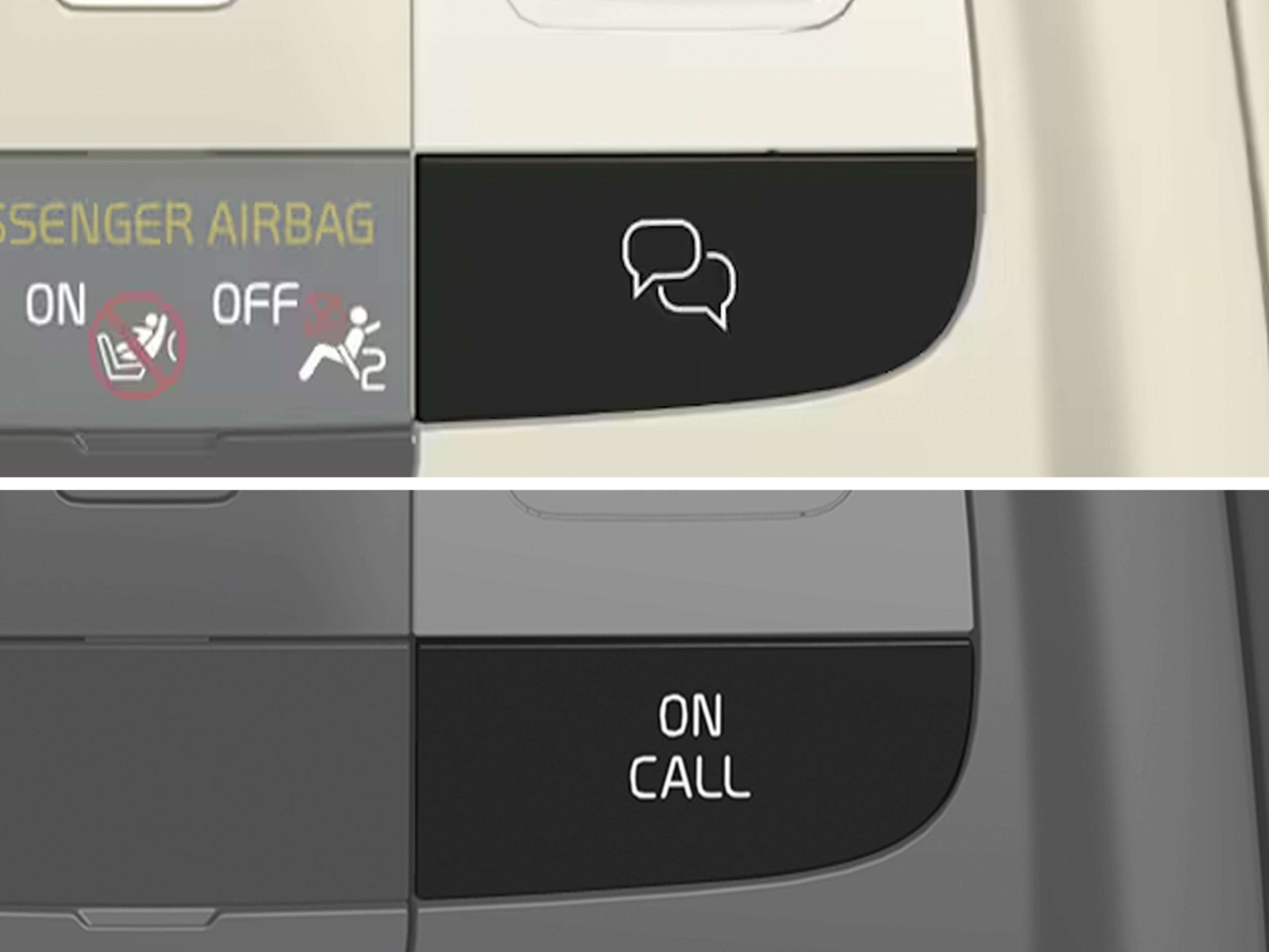 Gros plan du bouton On Call sur la console de pavillon d'une Volvo.