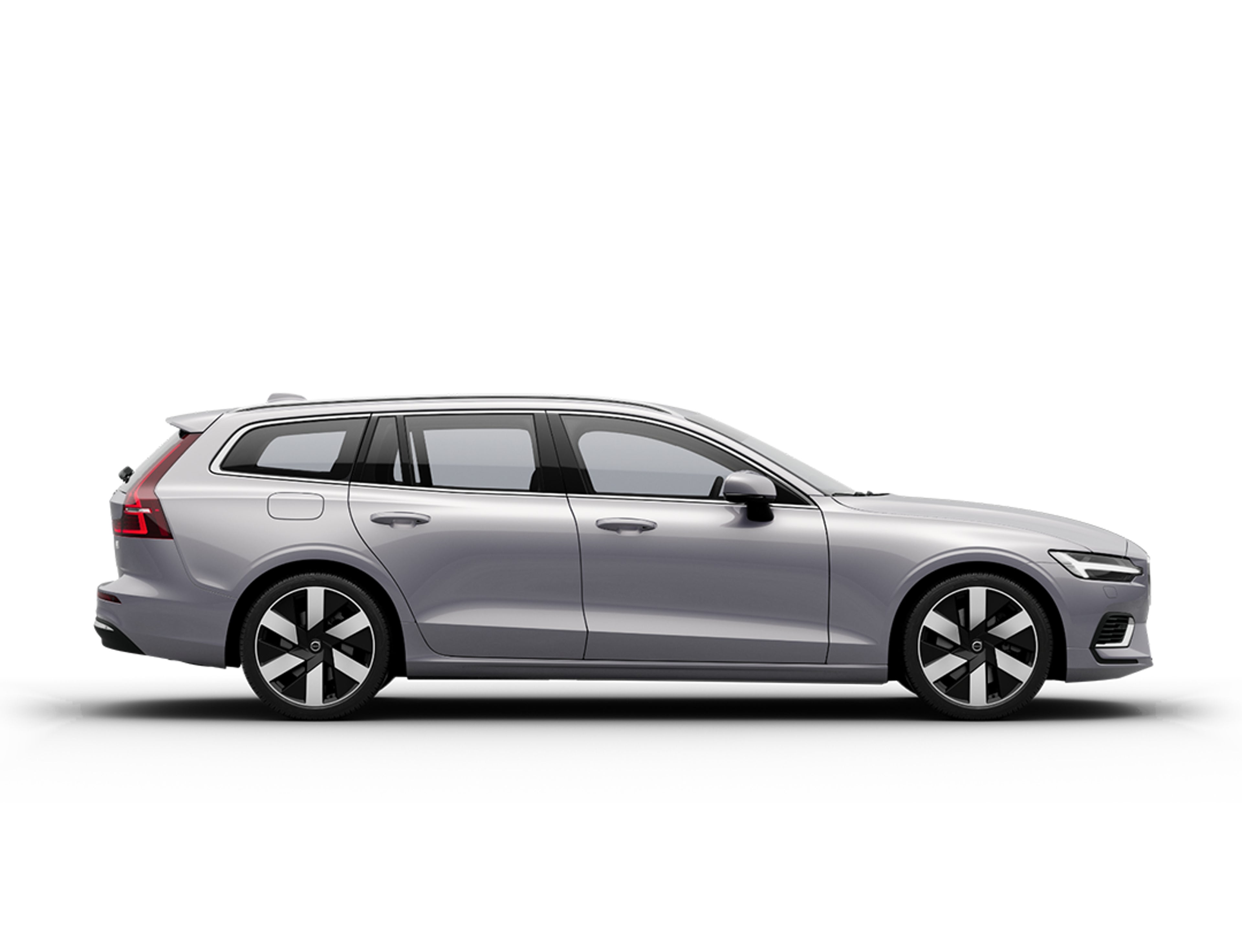 Zijaanzicht van een grijze Volvo V60 plug-in hybrid.