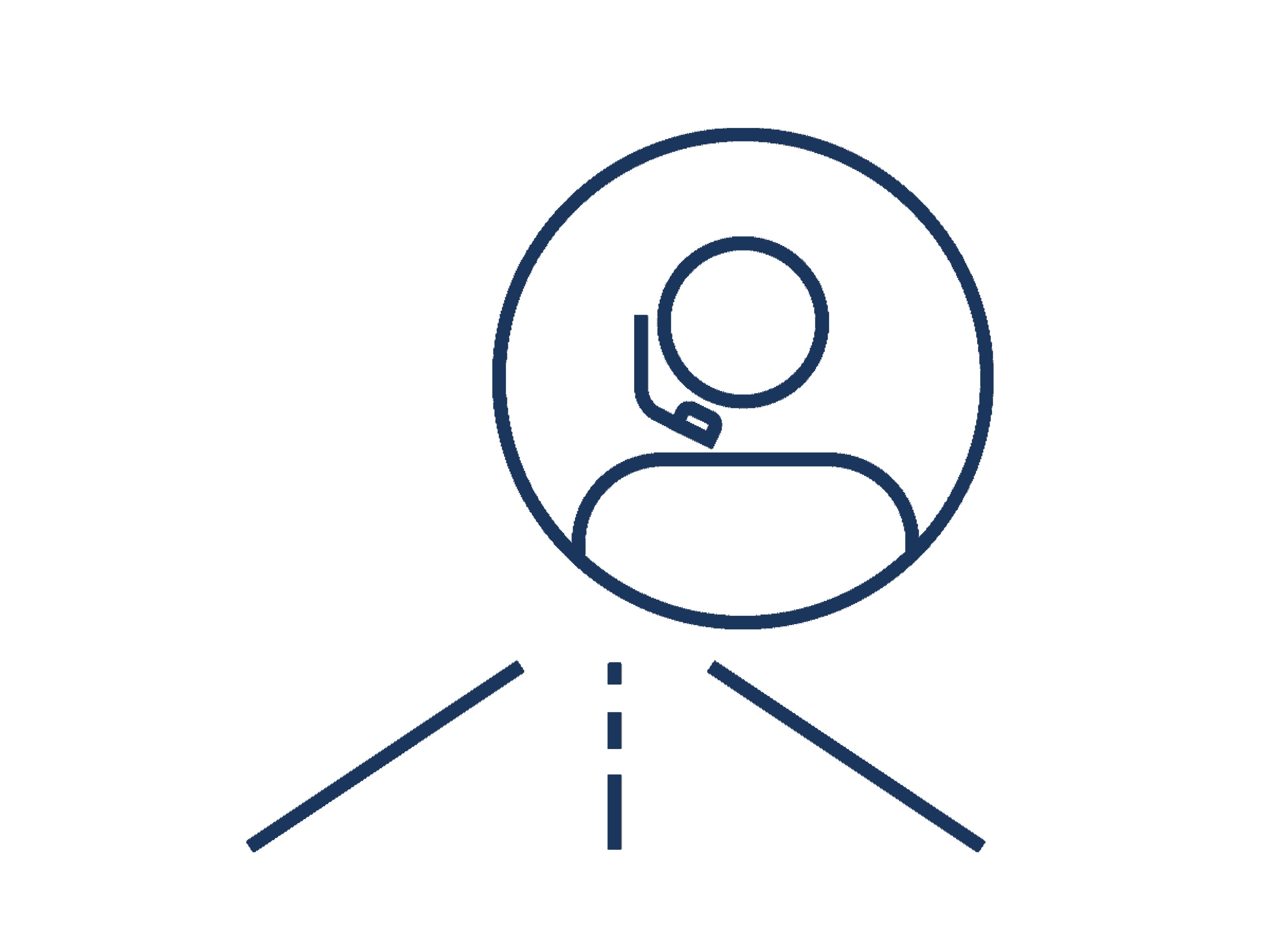 Icon "OnCall", das in blauen Linien eine Straße, einen Kreis und eine Figut mit Headset darstellt.