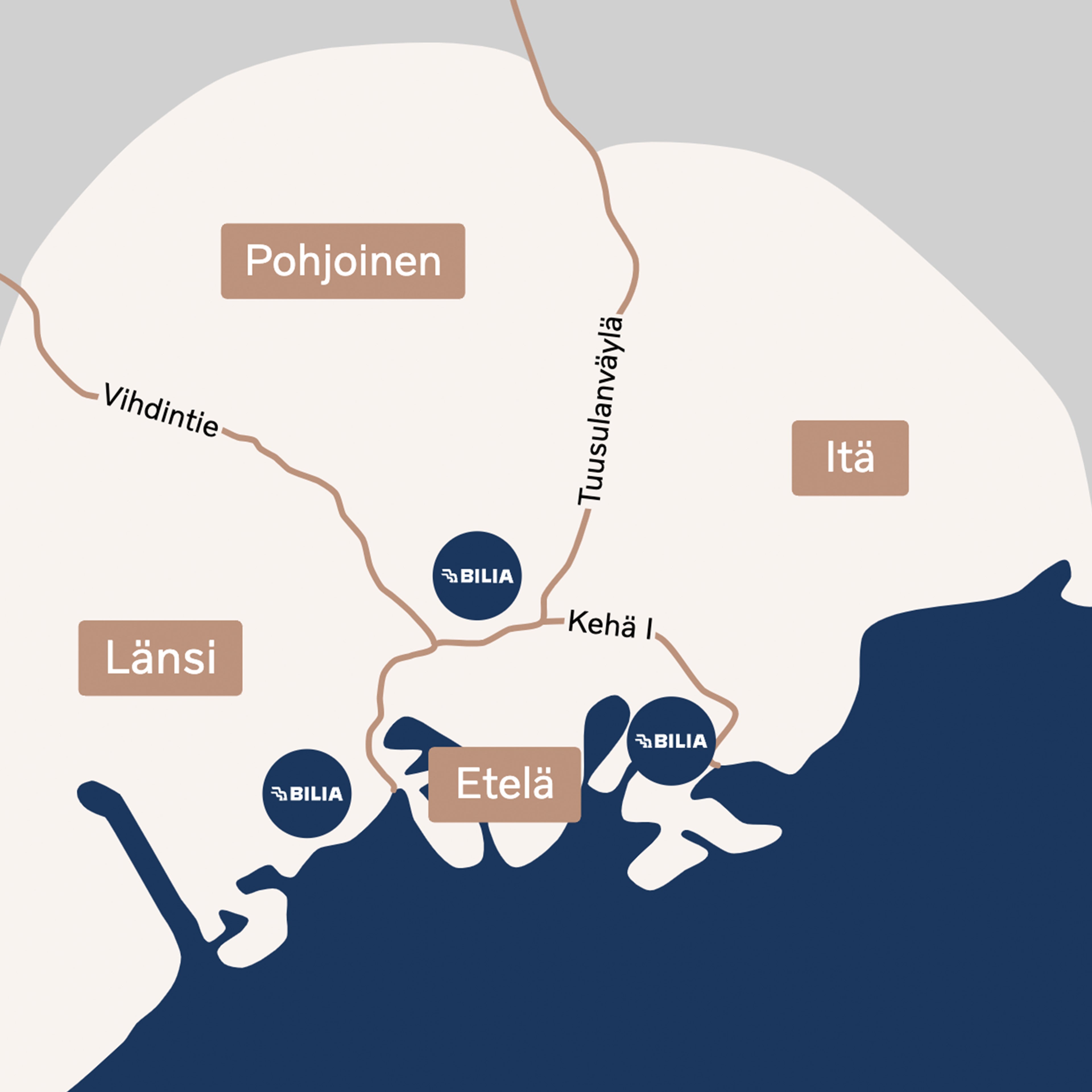 Karttakuva Volvo Mobile Servicen toiminta-alueesta, joka ulottuu Helsingin, Espoon ja Vantaan alueille.