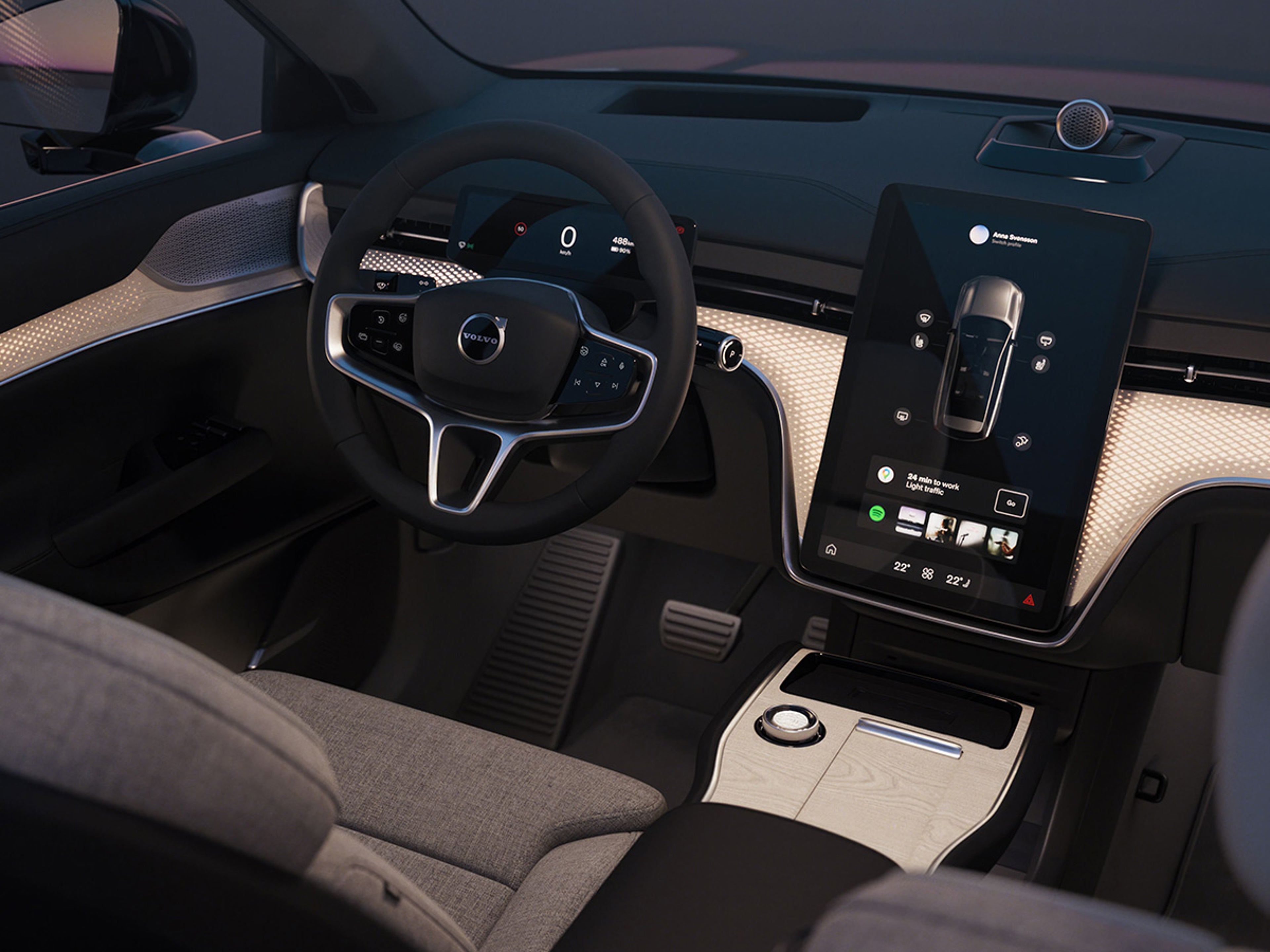 Zicht op het stuurwiel en dashboard van een Volvo EX90.