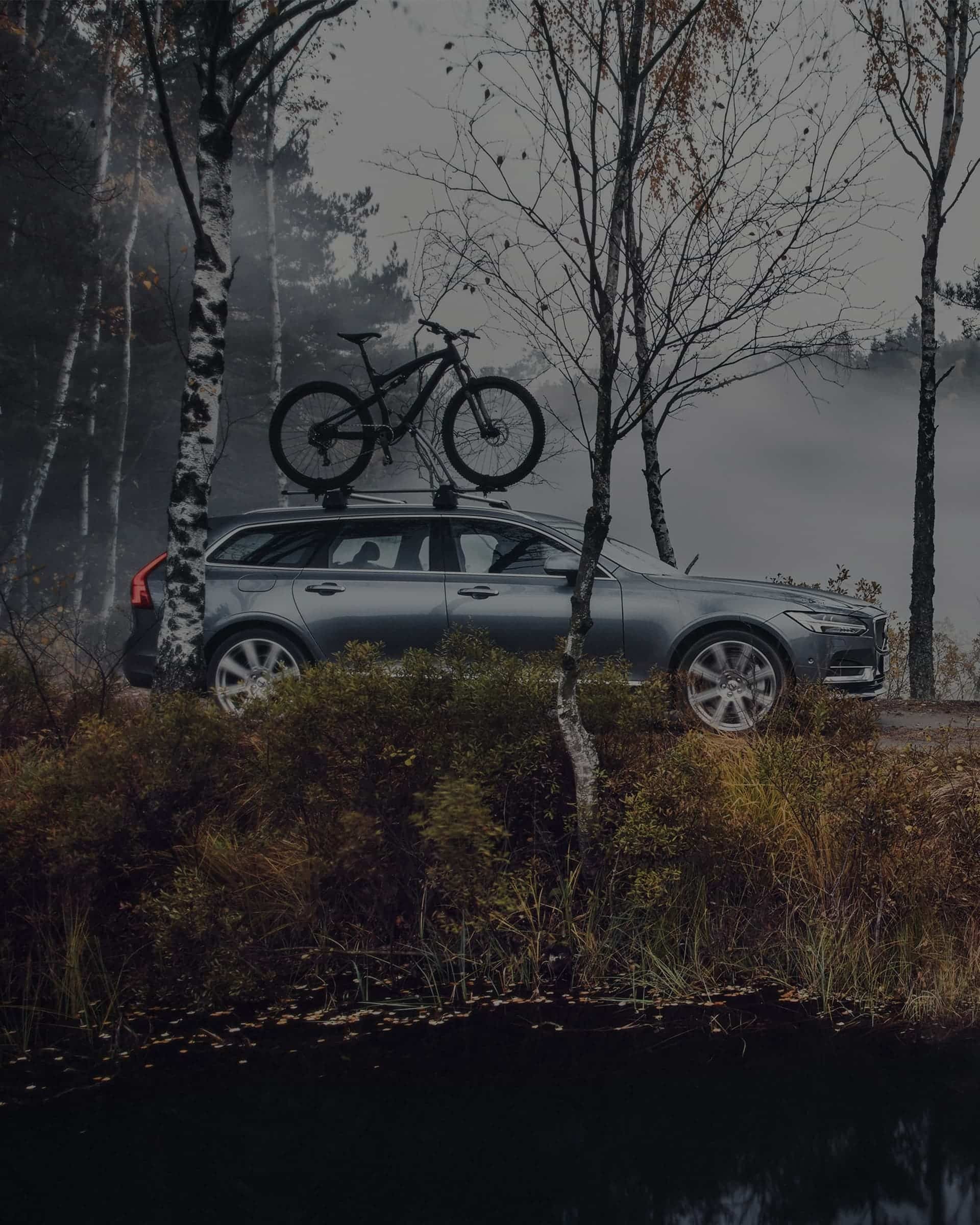 Volvo V90 grise avec un vélo sur le toit, garée au bord d'une forêt avec un lac.