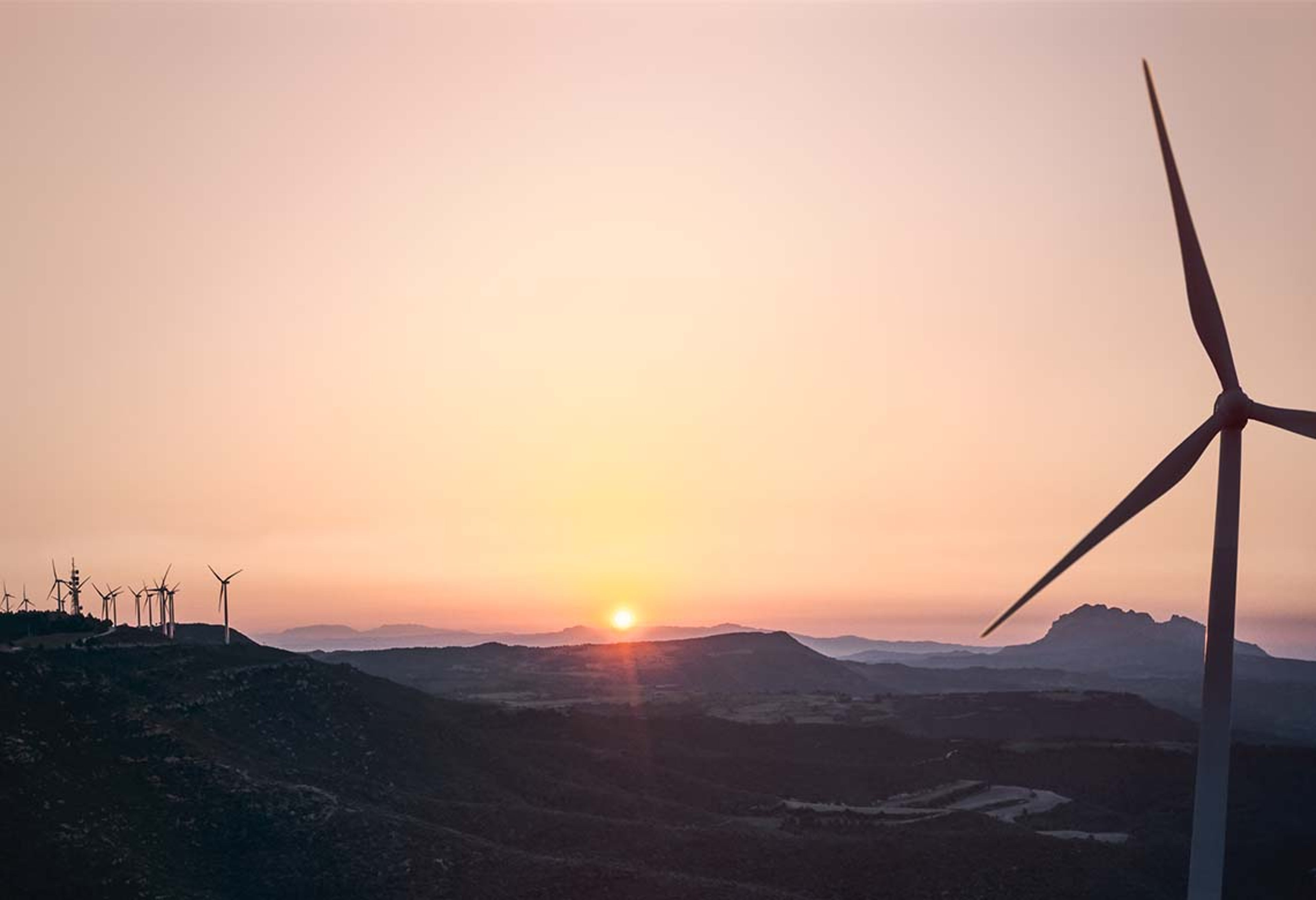 A wind farm at sunset