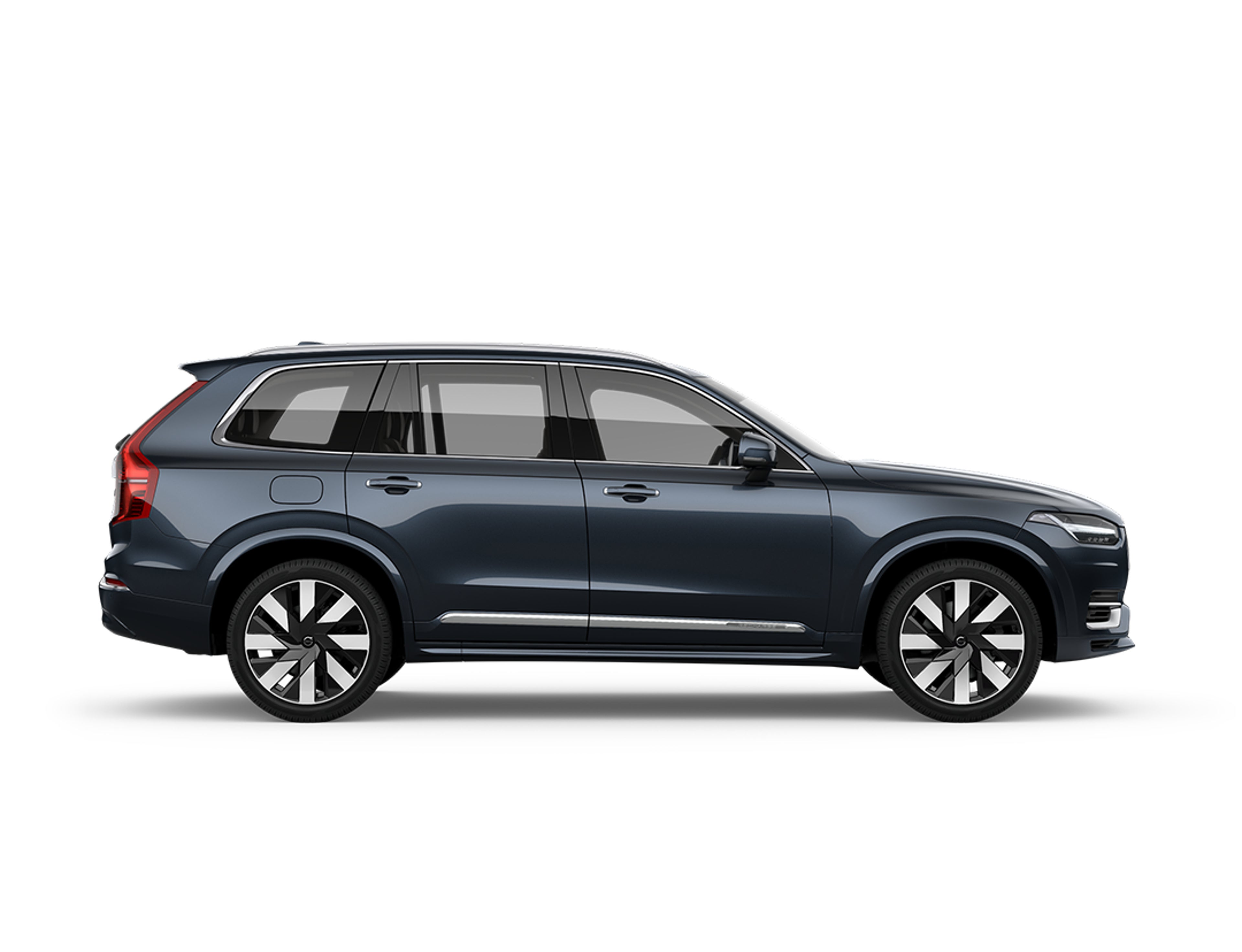 Zijaanzicht van een donkergrijze Volvo X90.