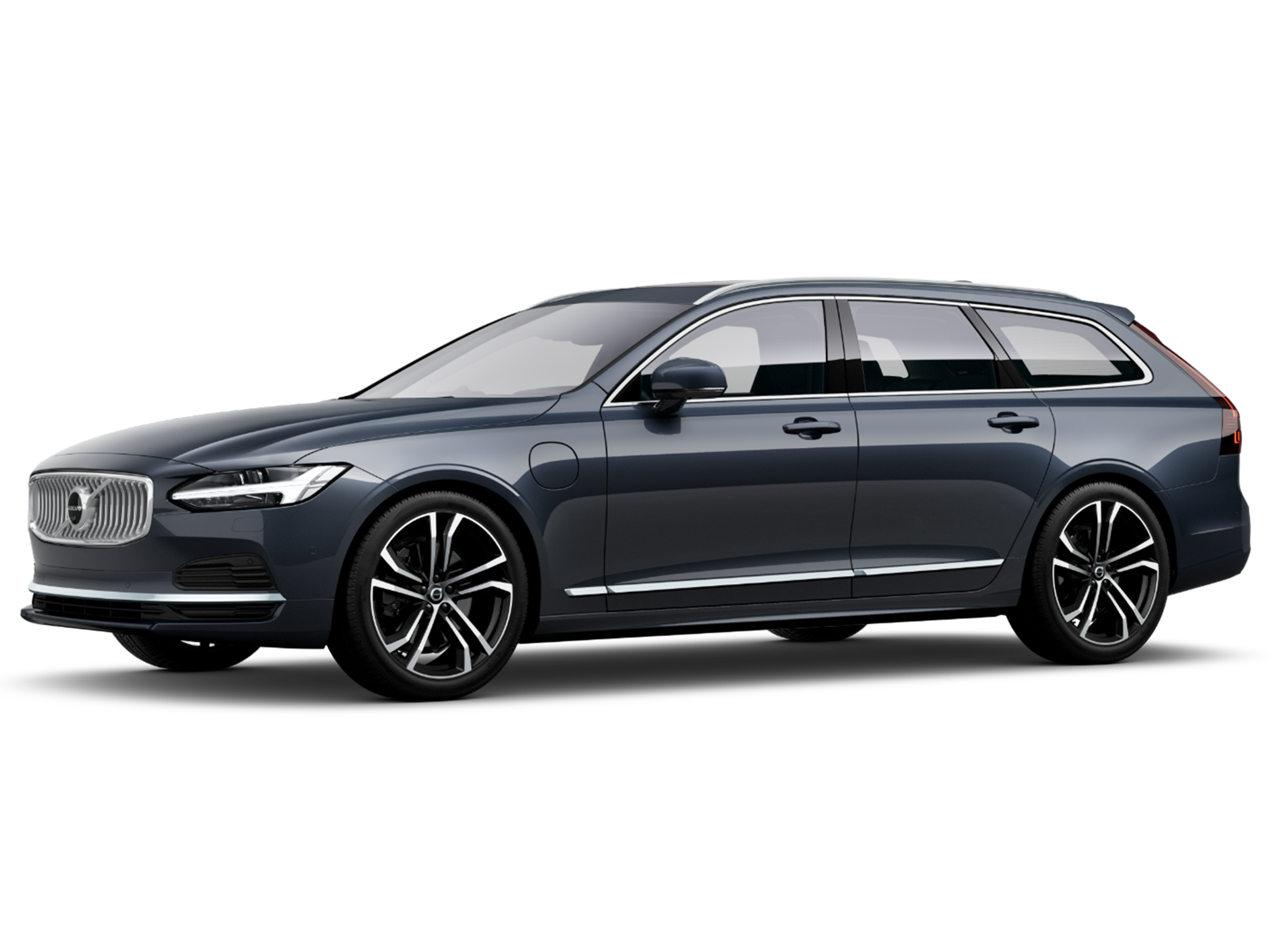 Denim Blue -värinen Volvo V90 lataushybridiauto Bright -yksityiskohdilla.