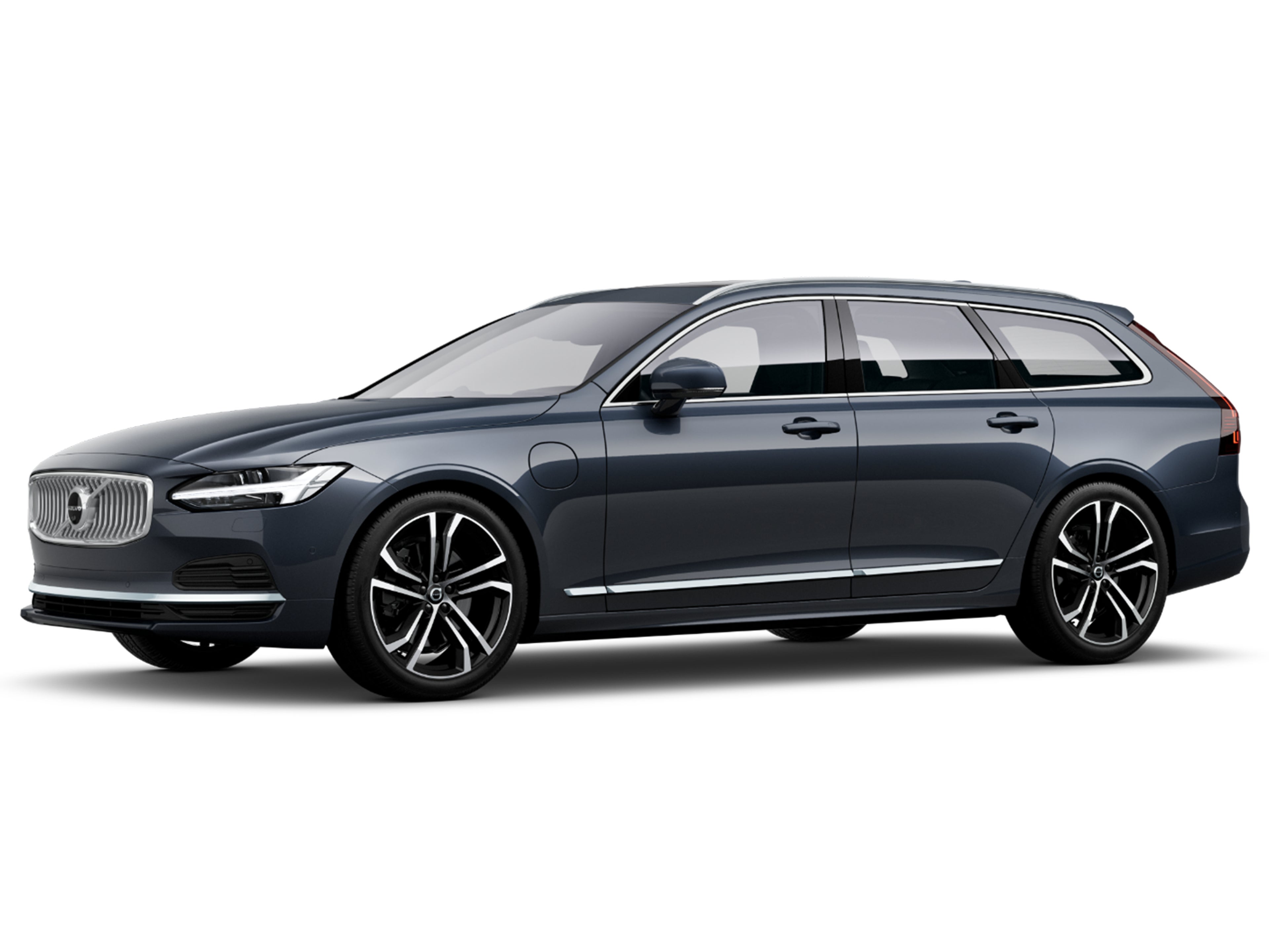 Denim Blue -värinen Volvo V90 lataushybridiauto Bright -yksityiskohdilla.