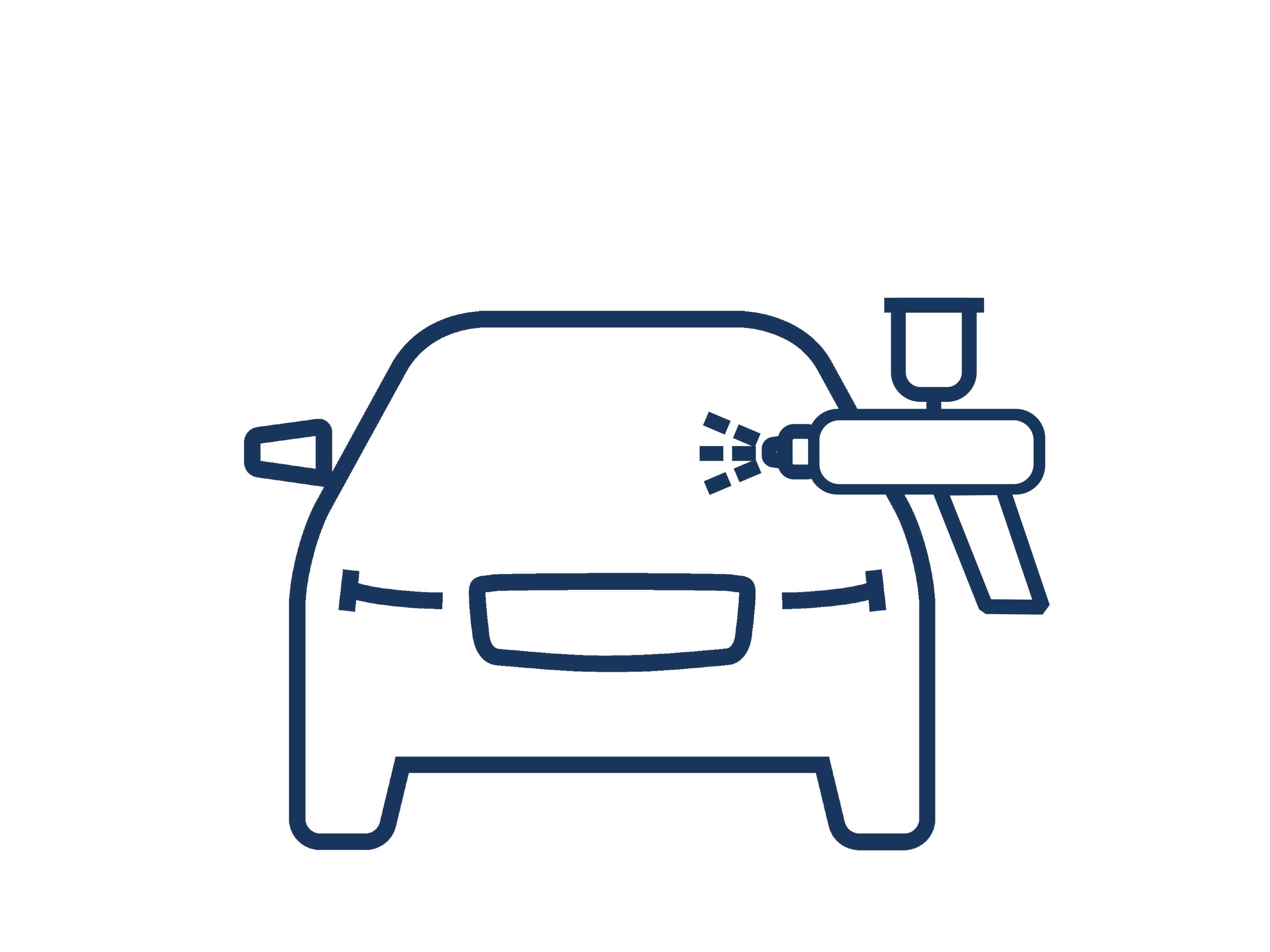 "Smart Repair" Icon, dass in blauen Linien ein Auto von vorne zeigt, danaben eine Sprühpistole.