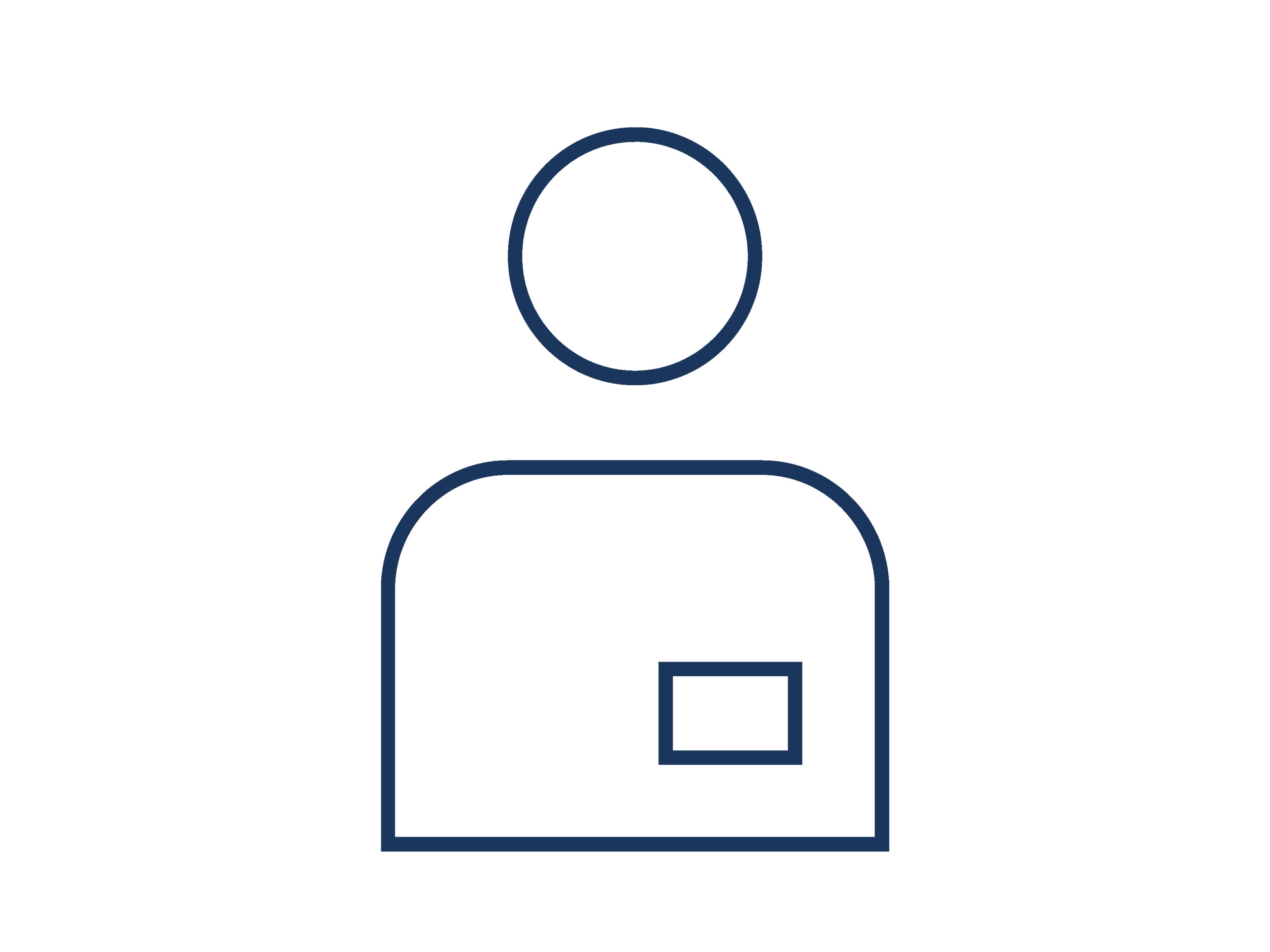 Icon "Kontakt", das in blauen Linien ein Männchen mit Visitenkarte zeigt.