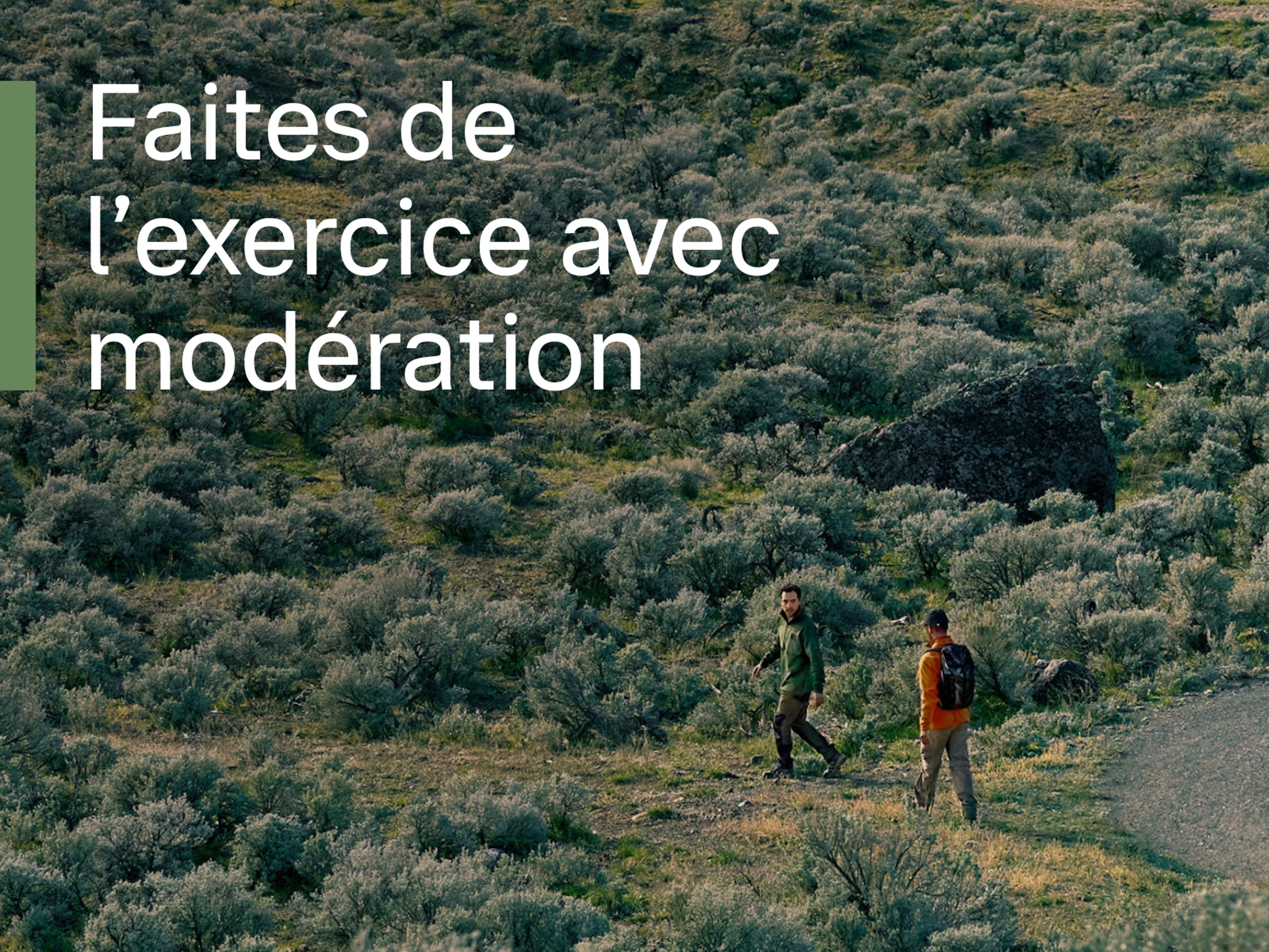 Deux hommes marchent à travers un vaste paysage naturel, avec un texte blanc au premier plan : Faites de l’exercice avec modération.