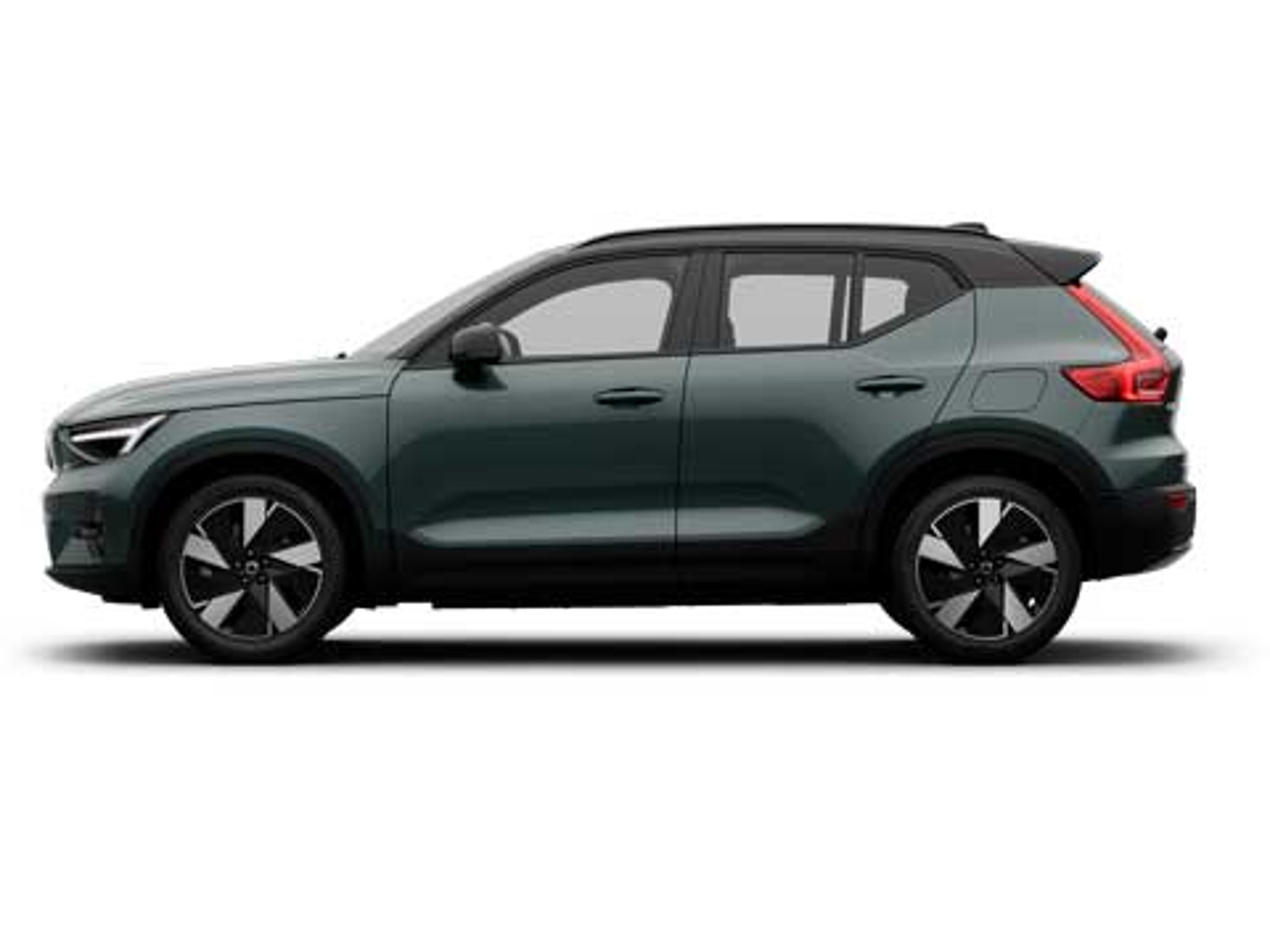 En elegant, mørkegrøn Volvo EX40 SUV med moderne design, fem døre, store hjul og tonede ruder, placeret mod en enkel hvid baggrund.
