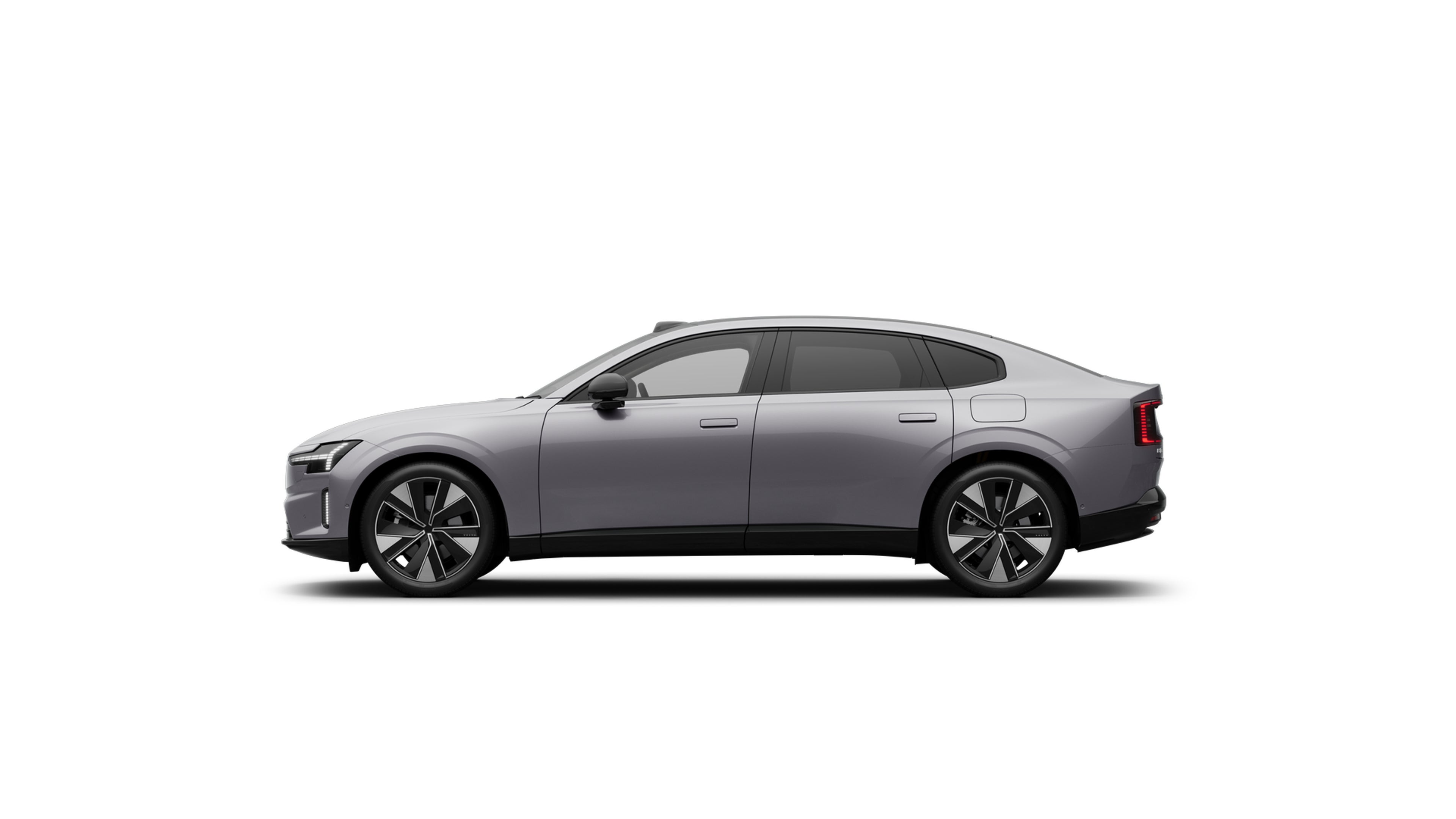 A side profile image of the fully electric Volvo ES90 in Aurora Silver.