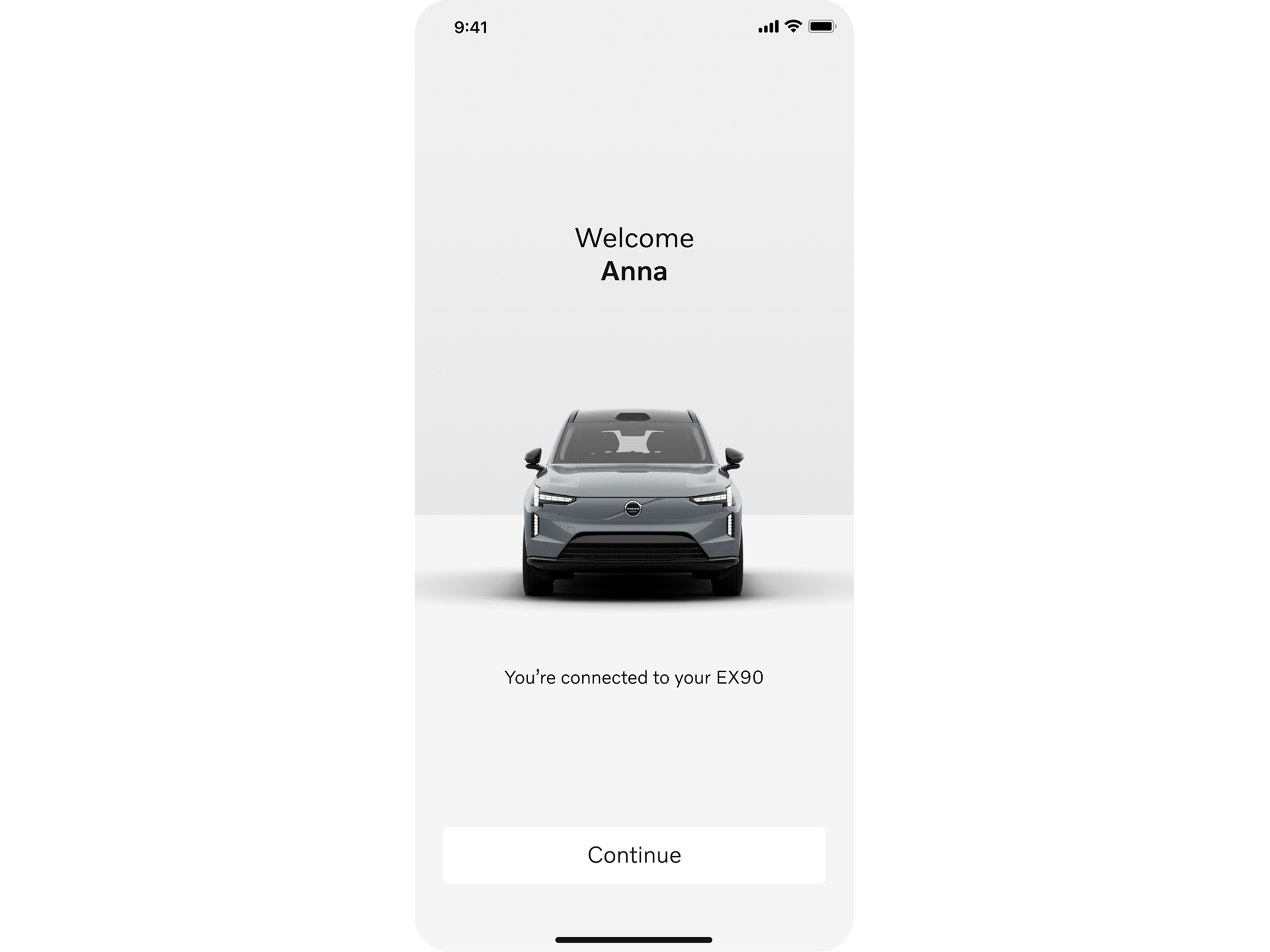 Capture d’écran de l’application Volvo Cars montrant une voiture de face