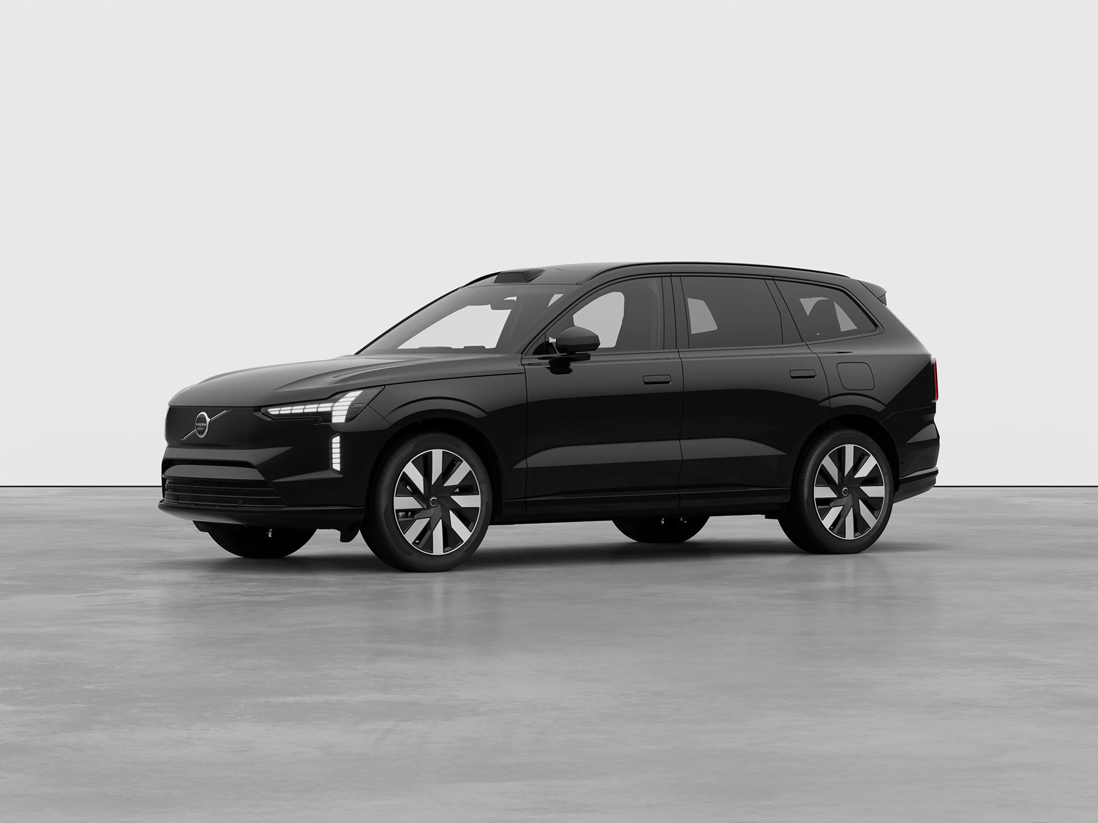 Seitliche Ansicht des Volvo EX90 Plus Executive Edition in schwarz.