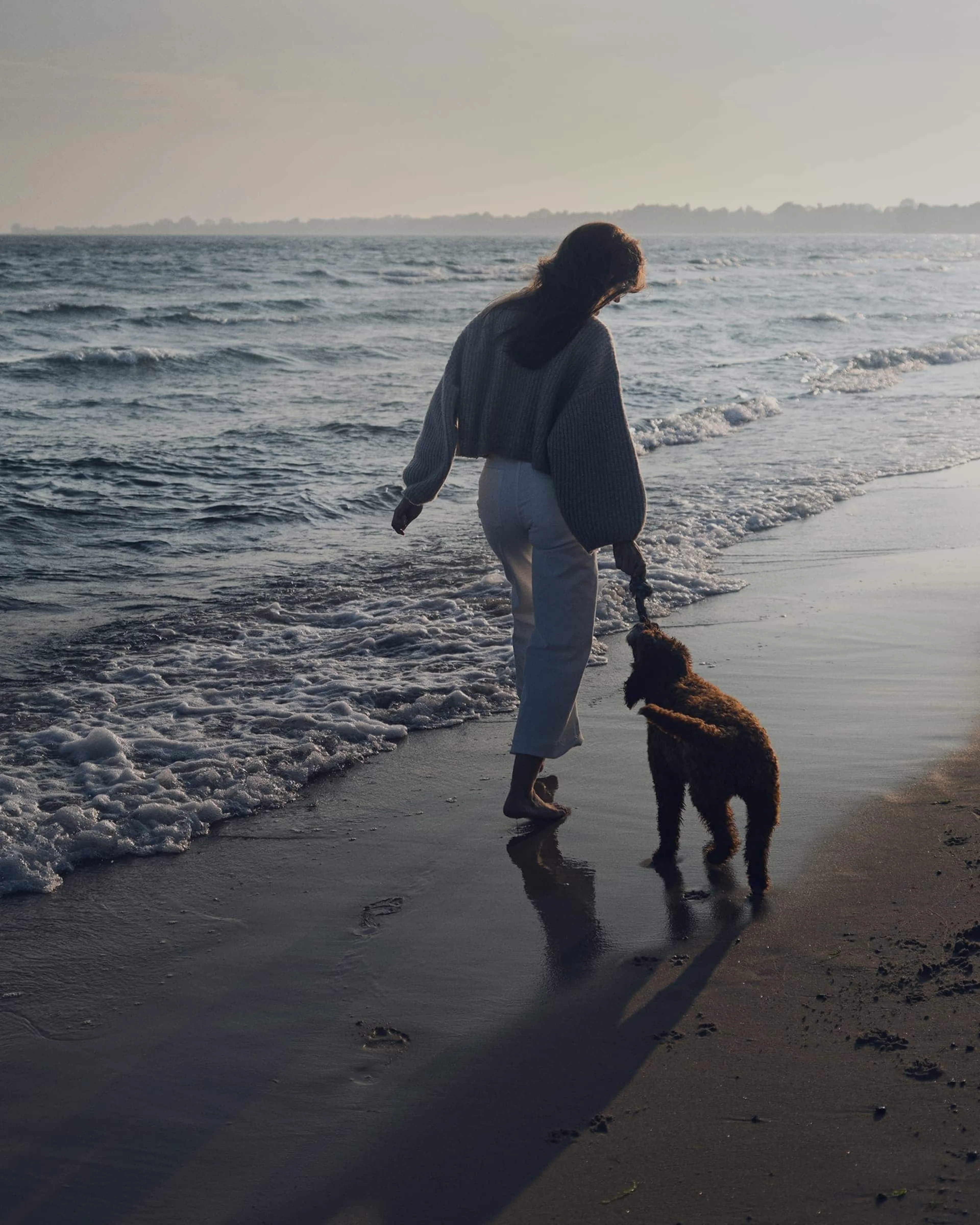Une femme marche pieds nus sur une plage au bord de l'eau avec un chien.