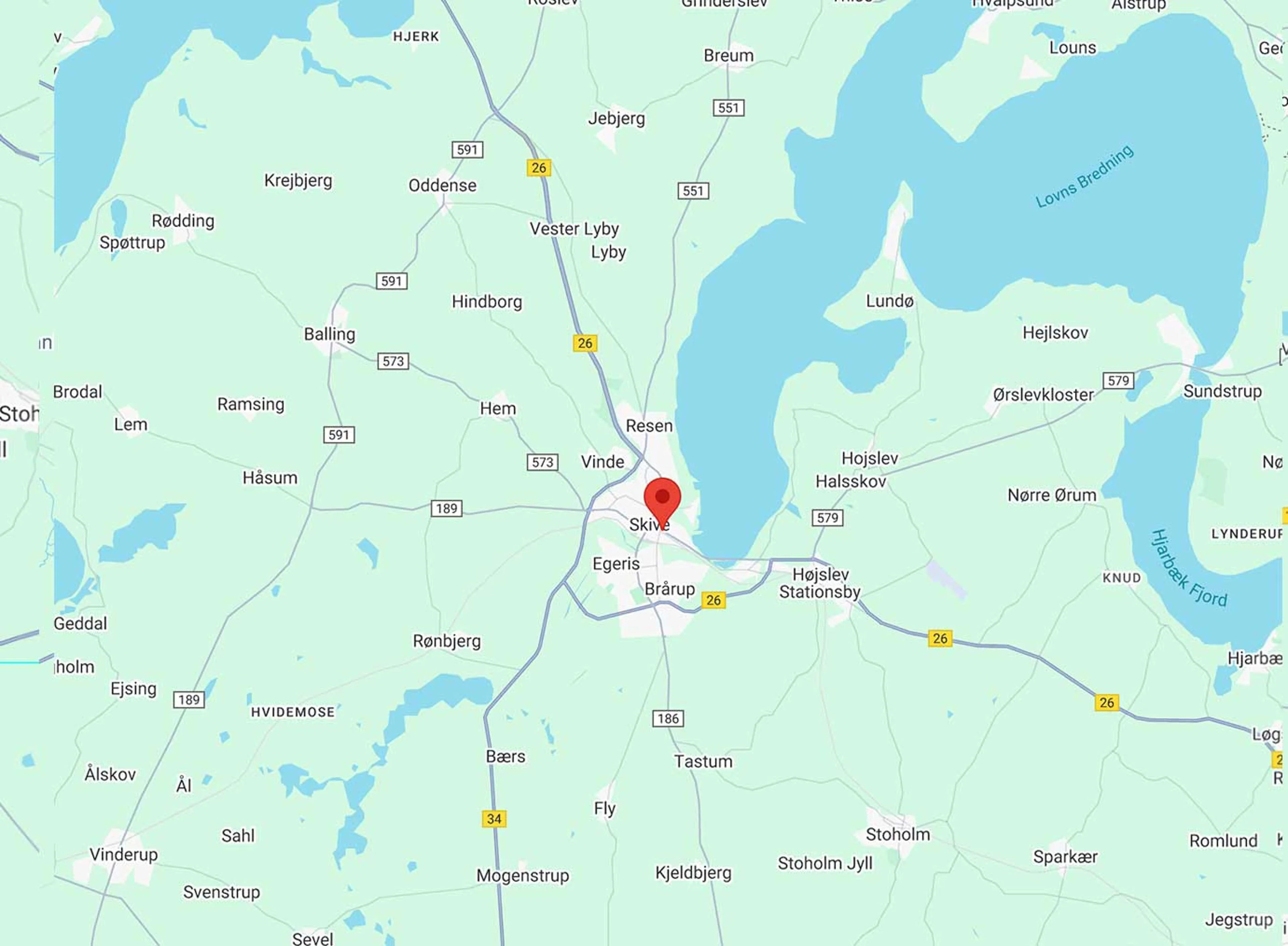 Et kort som viser beliggenheden af Dahl Pedersen serviceværksted i Skive