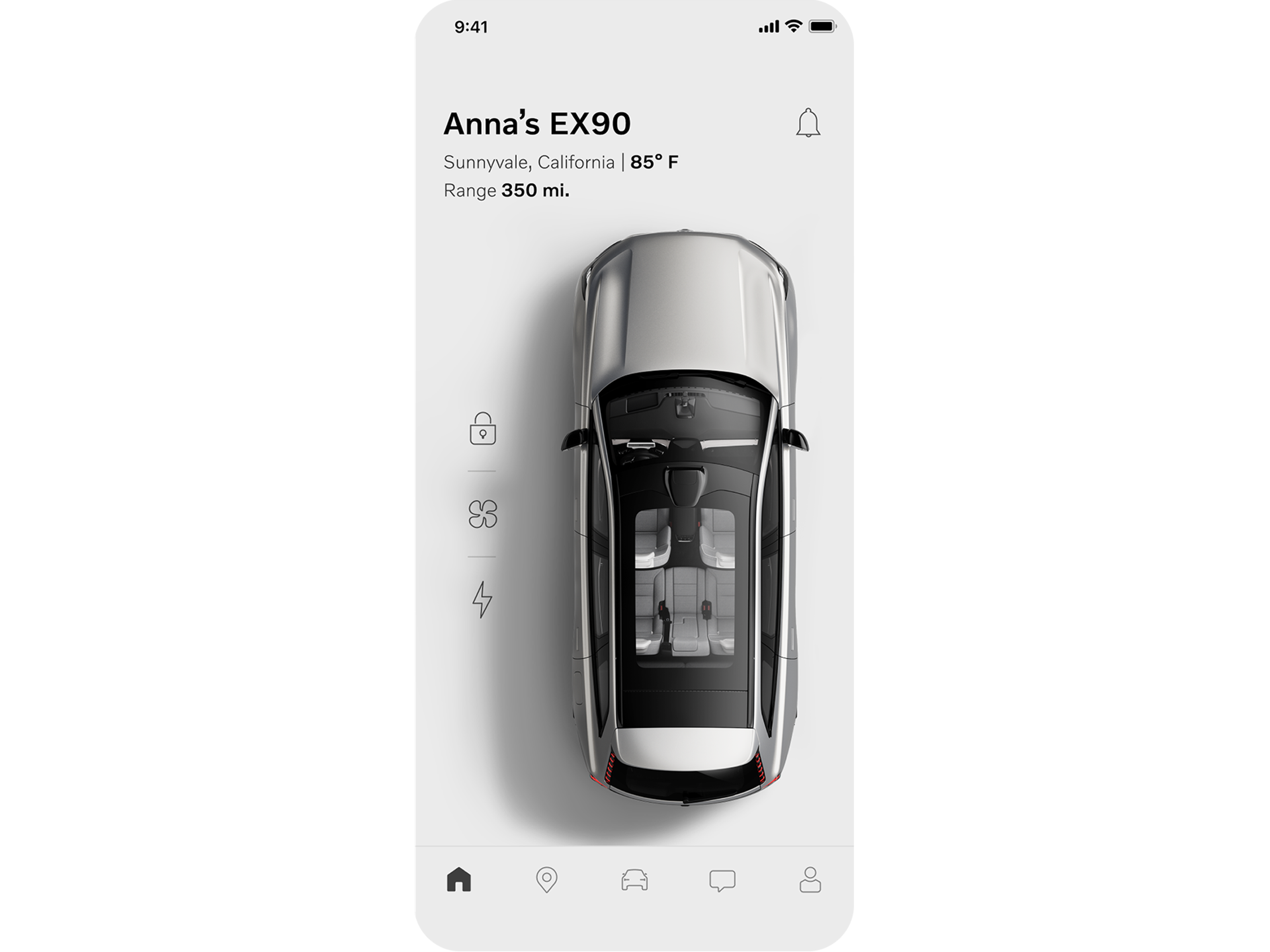 Capture d’écran de l’application Volvo Cars montrant le statut d’un EX90 vu du dessus
