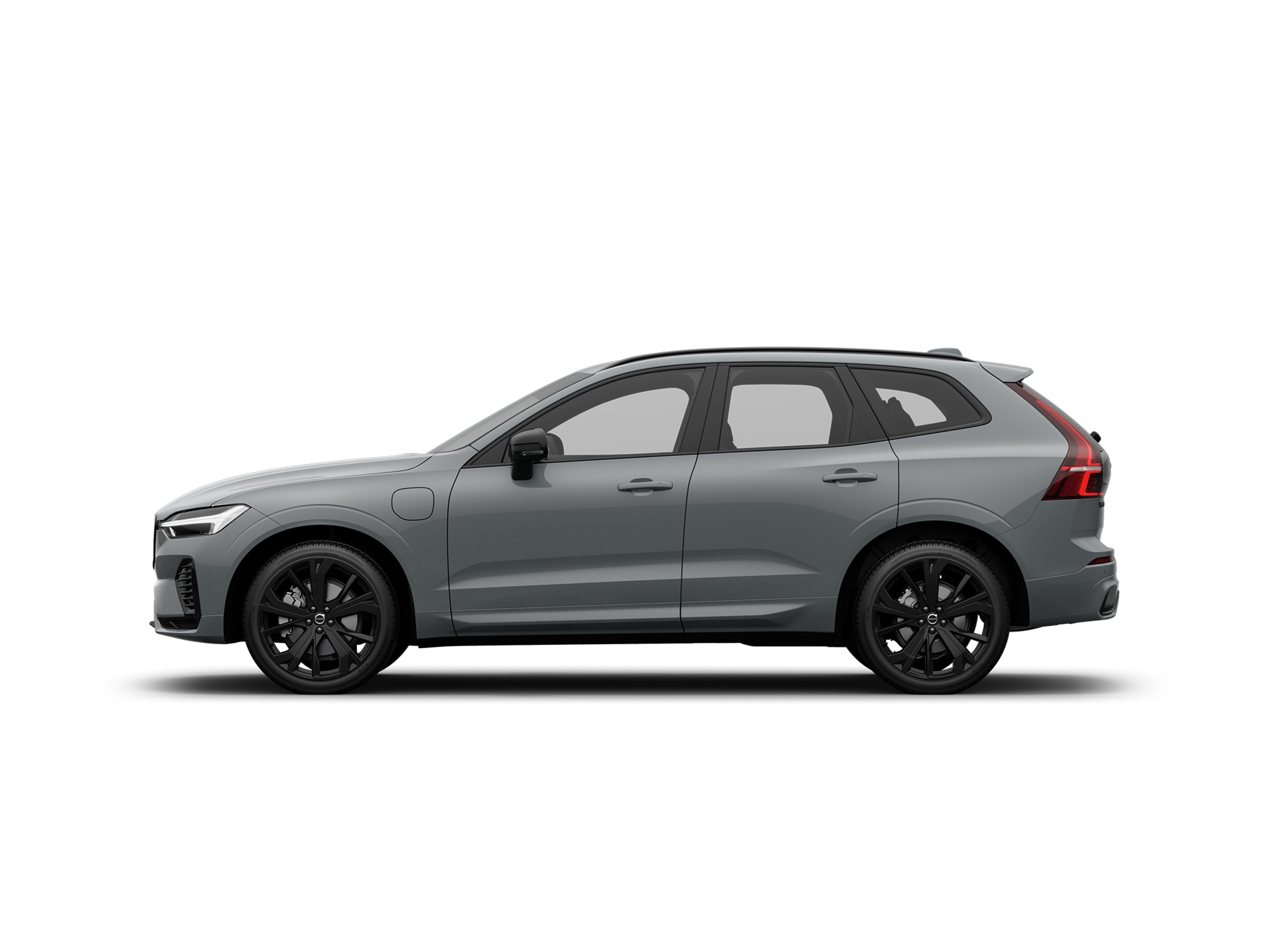 Seitliche Ansicht eines Volvo XC60 Black Edition Plug-in Hybrid in Vapour Grey