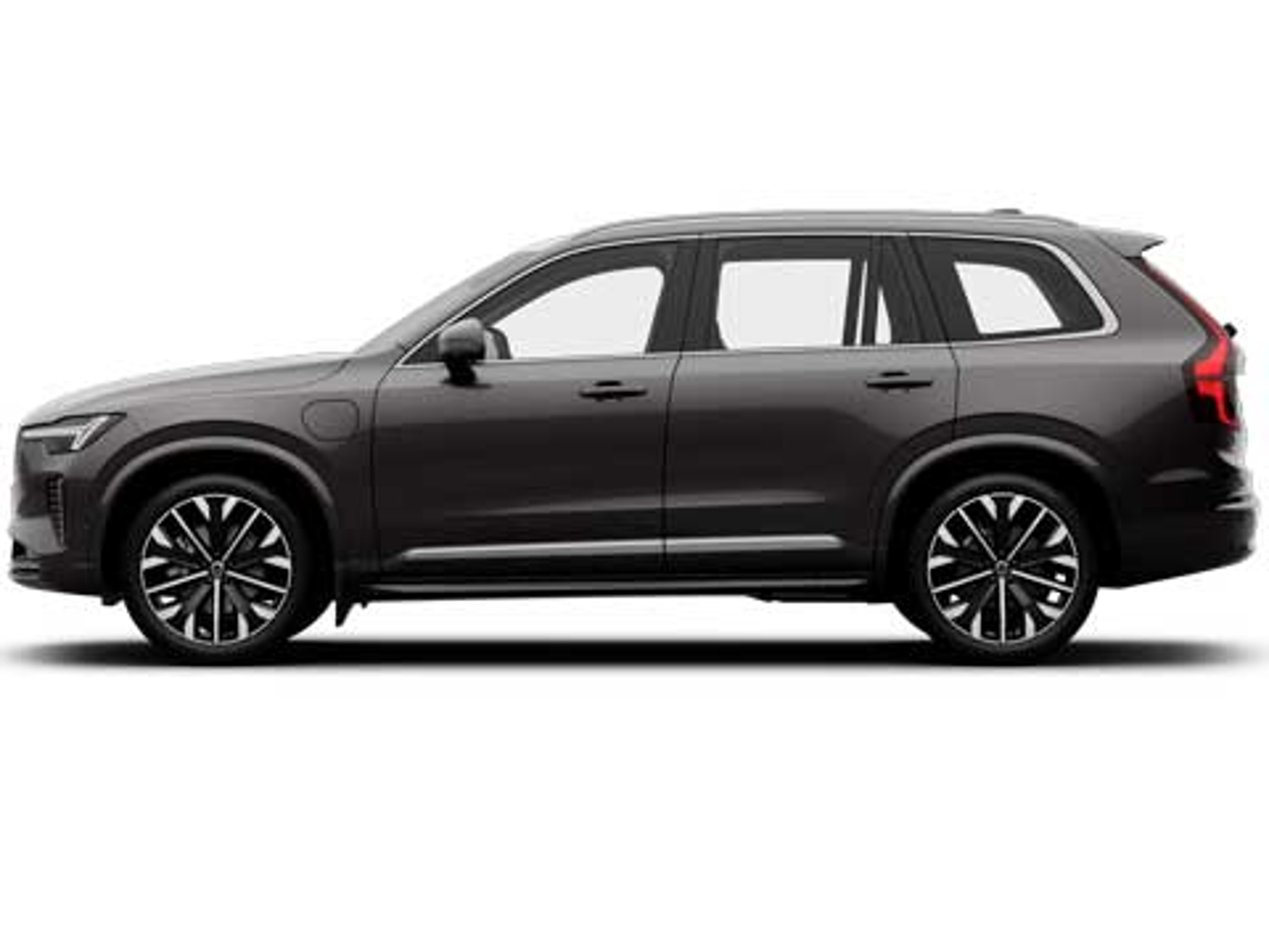 Volvo XC90 SUV set fra siden mod en lysegrå baggrund. Slanke linjer, markante sorte hjul, tonede ruder og moderne, strømlinet design.