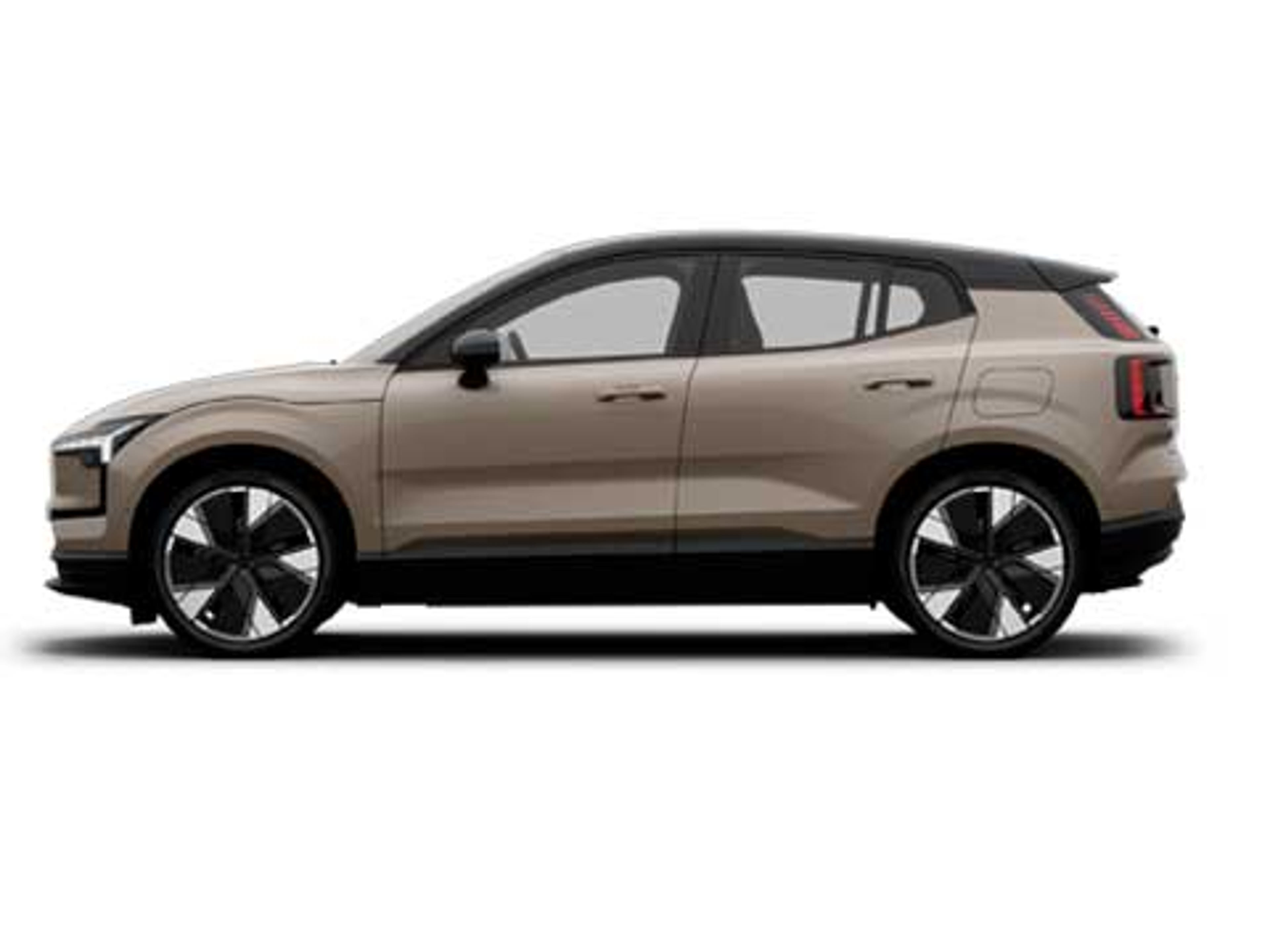 Elegant Volvo EX30 SUV med sorte detaljer og tonede ruder, set fra siden. Den har store sorte fælge og et moderne, aerodynamisk design.