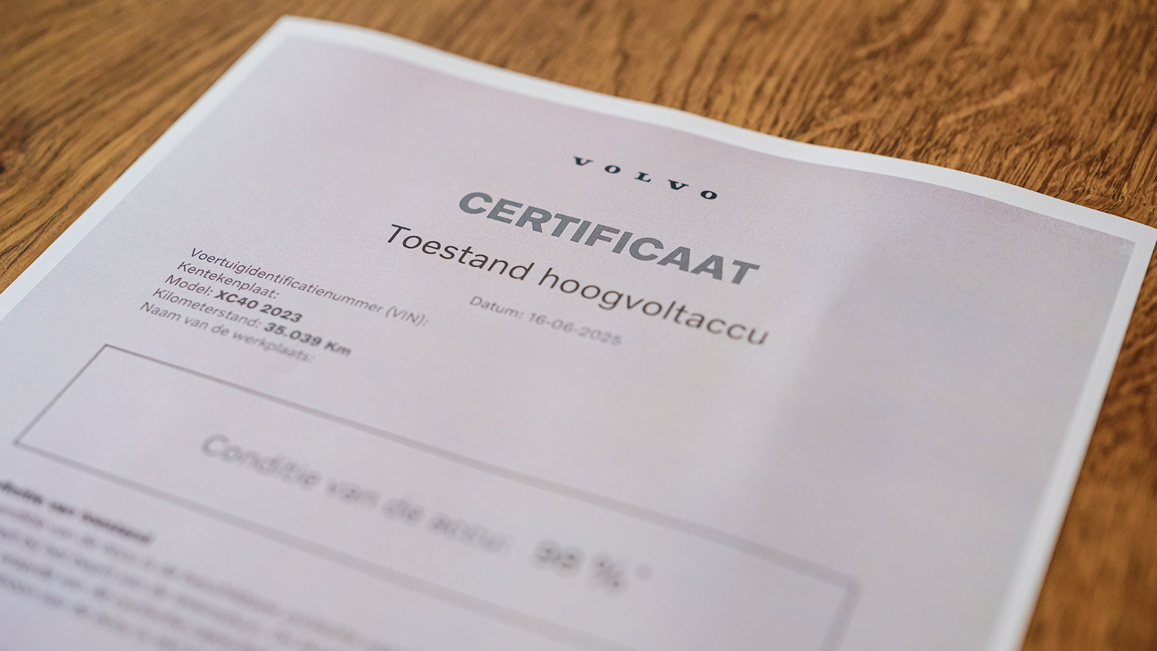 Detail van een Volvo Cars State of Health batterijcertificaat