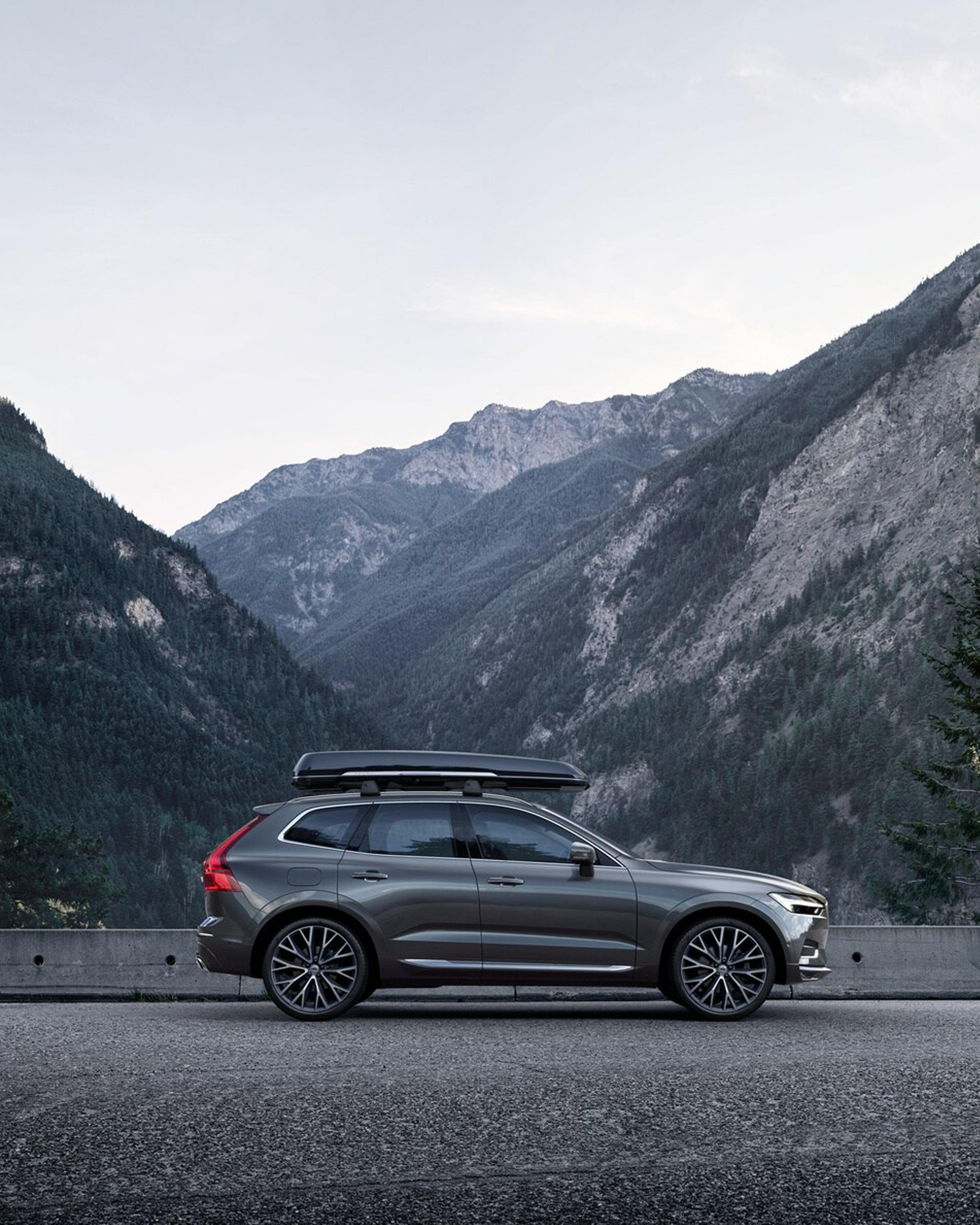 Grønn XC60 med skiboks sett fra siden, står på en bro med fjell i bakgrunnen