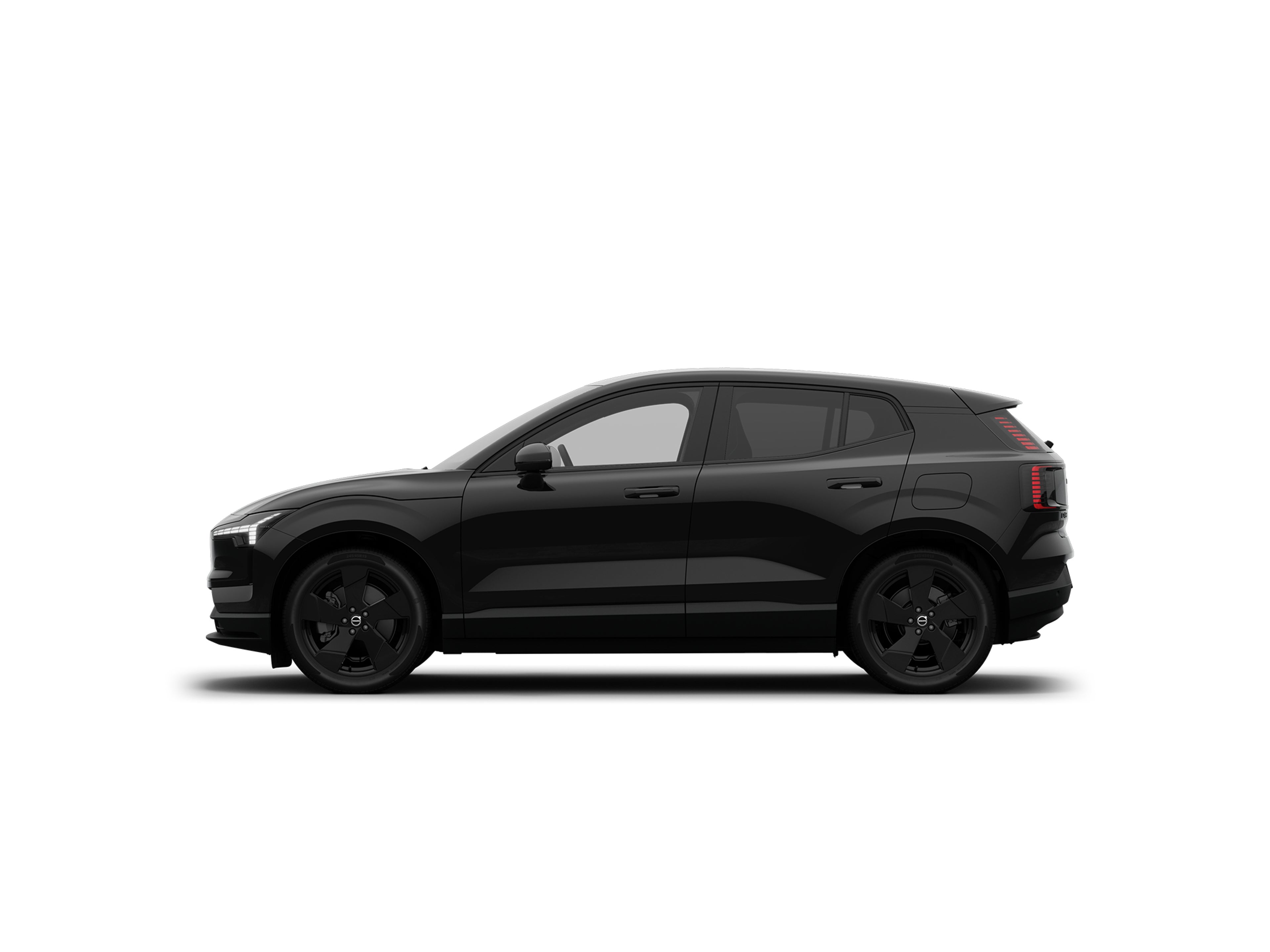 Seitliche Ansicht eines vollelktrischen Volvo EX30 Black Edition in Onyx Black