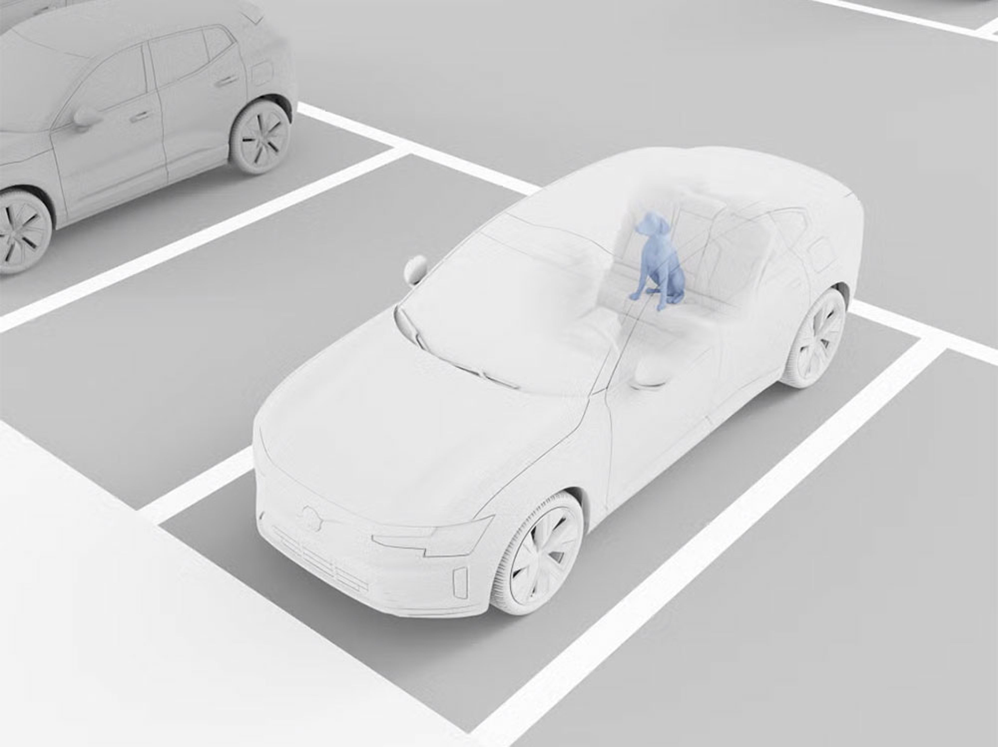 Illustration 3D d’une voiture blanche garée sur un parking, illustrant un système de détection d’occupant, avec un chien dessiné en bleu assis sur le siège arrière