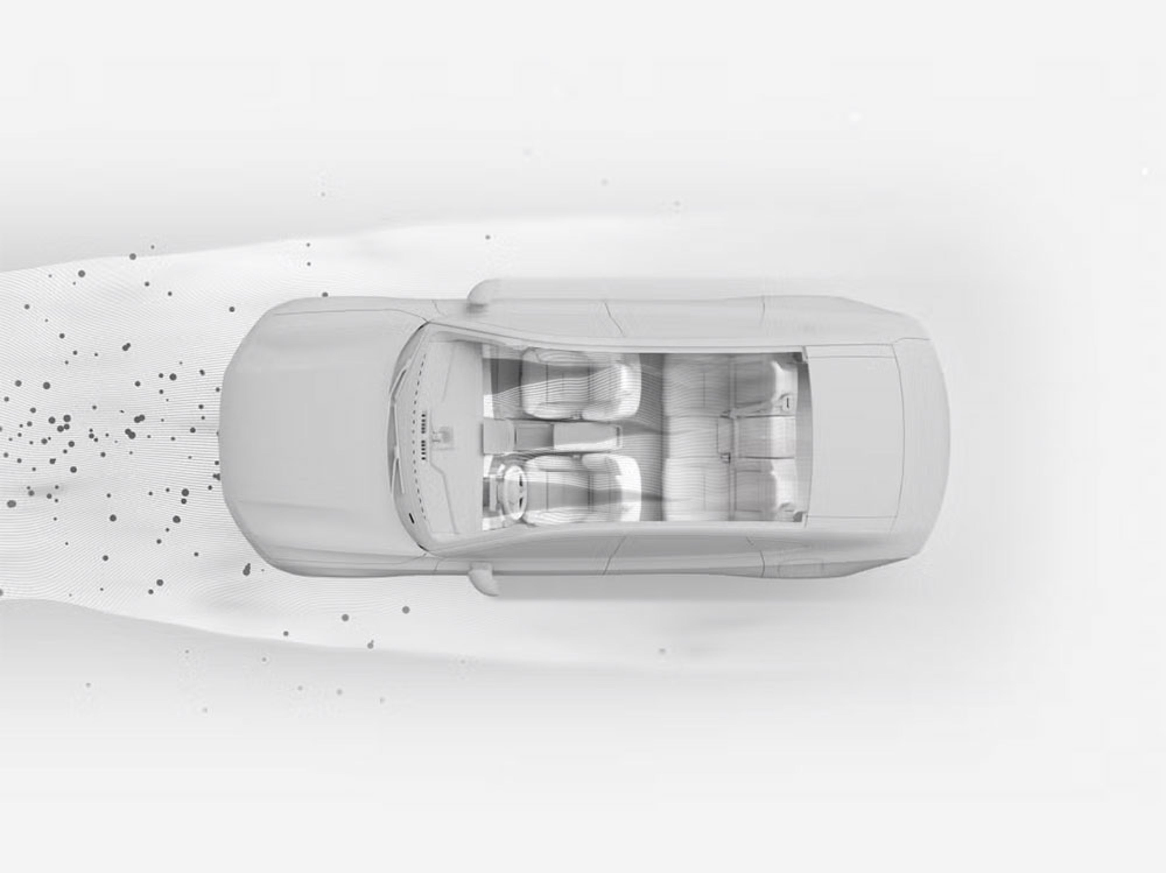 Illustration 3D d’une voiture vue du dessus avec une vision en blanc de l’intérieur pour simuler l’air pur de l’habitacle