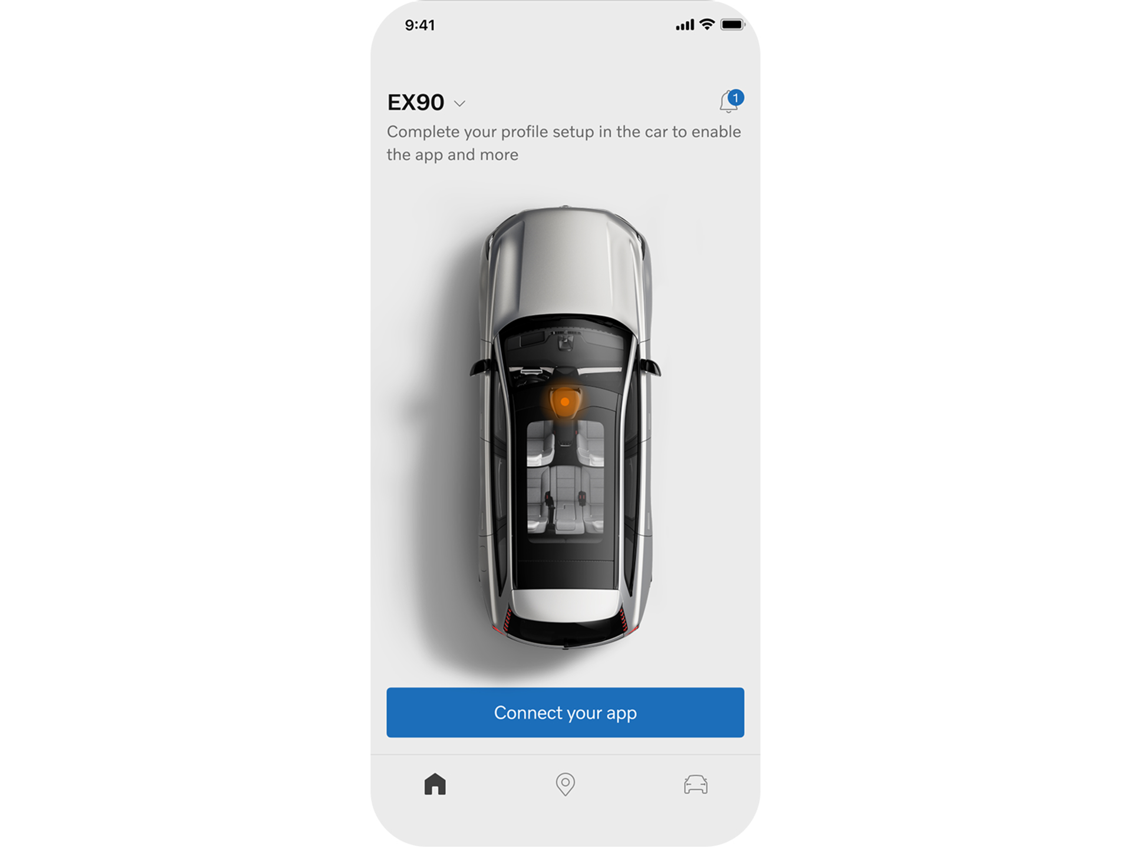 Capture d’écran de l’application Volvo Cars montrant une Volvo vue de dessus