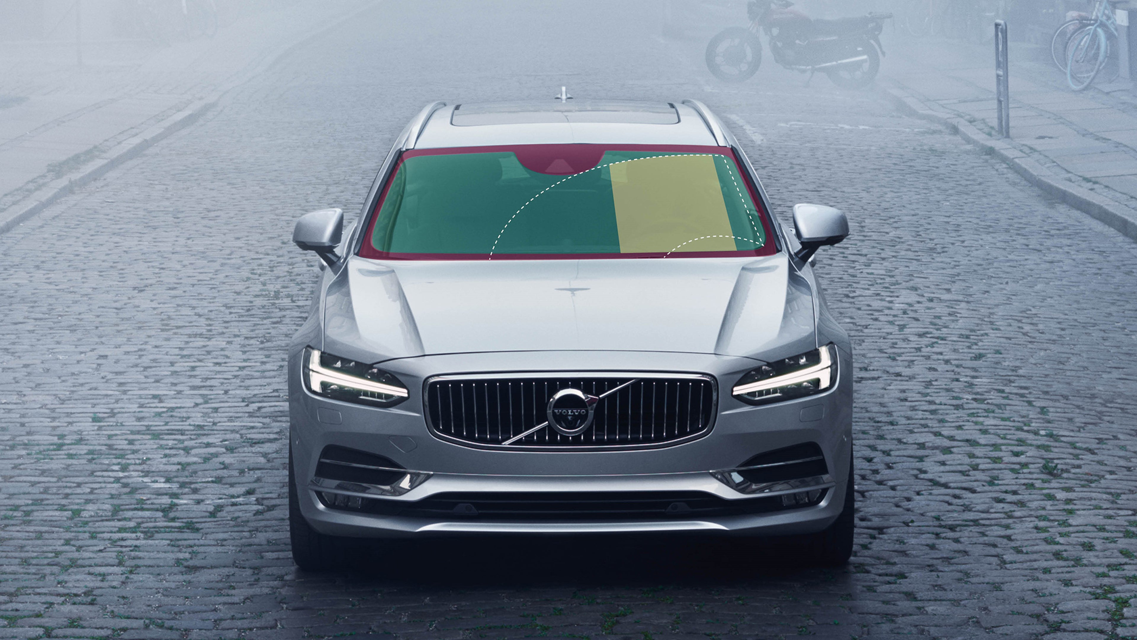 Volvon tuulilasin aluejaottelu; mille alueille kohdistuneet vauriot voidaan korjata ja mitkä vaativat tuulilasin vaihtoa.