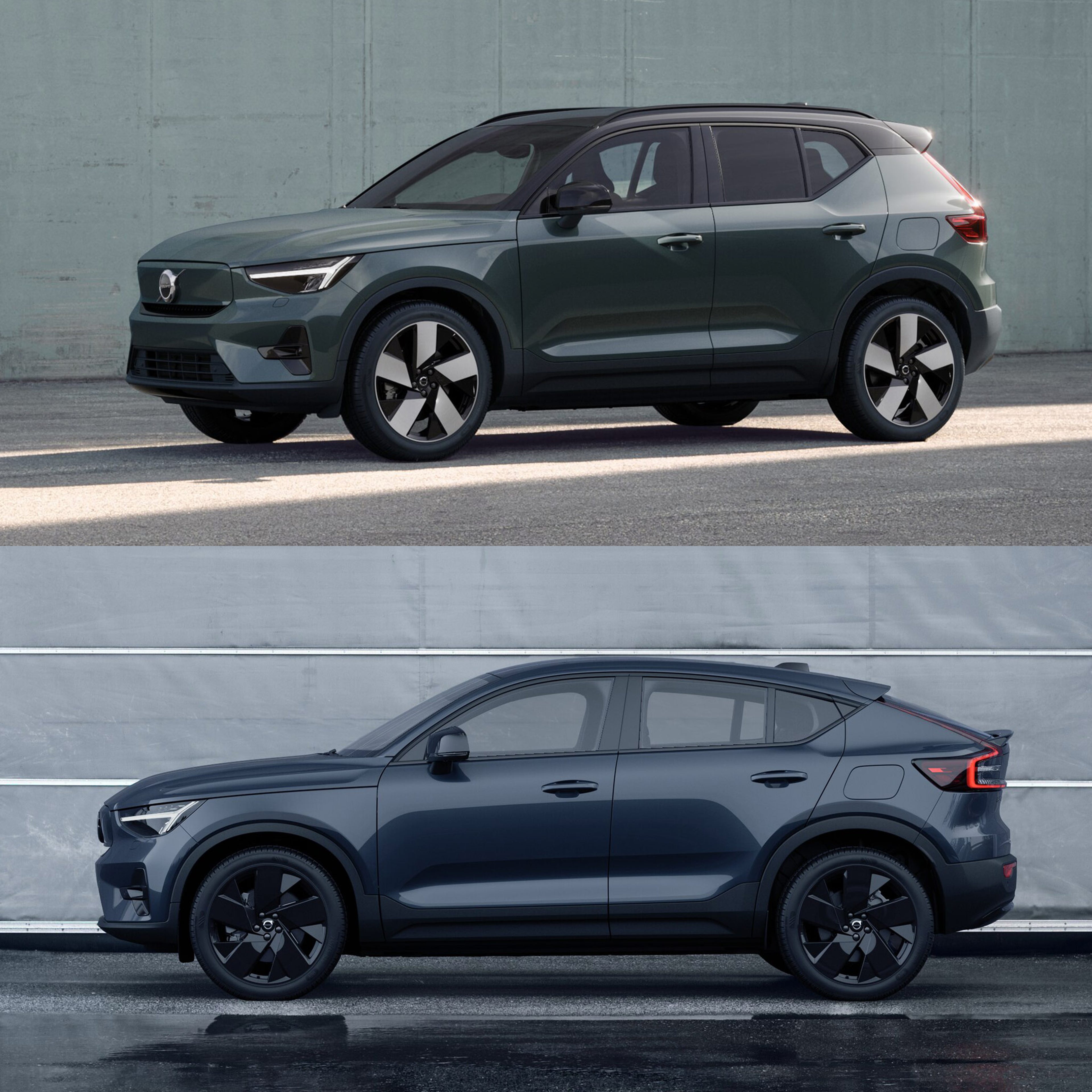 Forest lake -värinen Volvo EX40 Twin Plus täyssähköinen katumaasturi pysäköitynä vihertävän betoniseinän eteen.