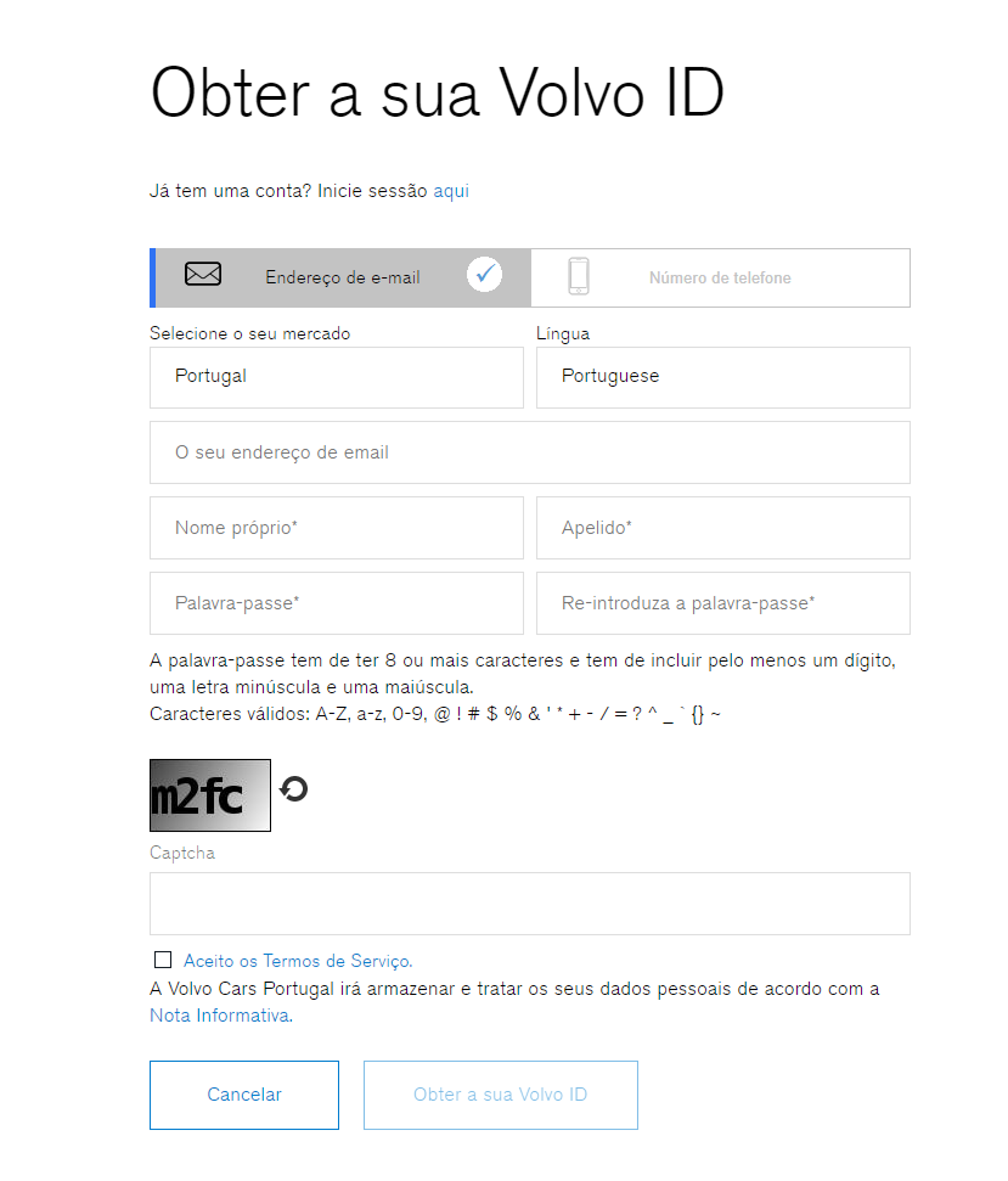 tela de como efetuar o registo na app da Volo