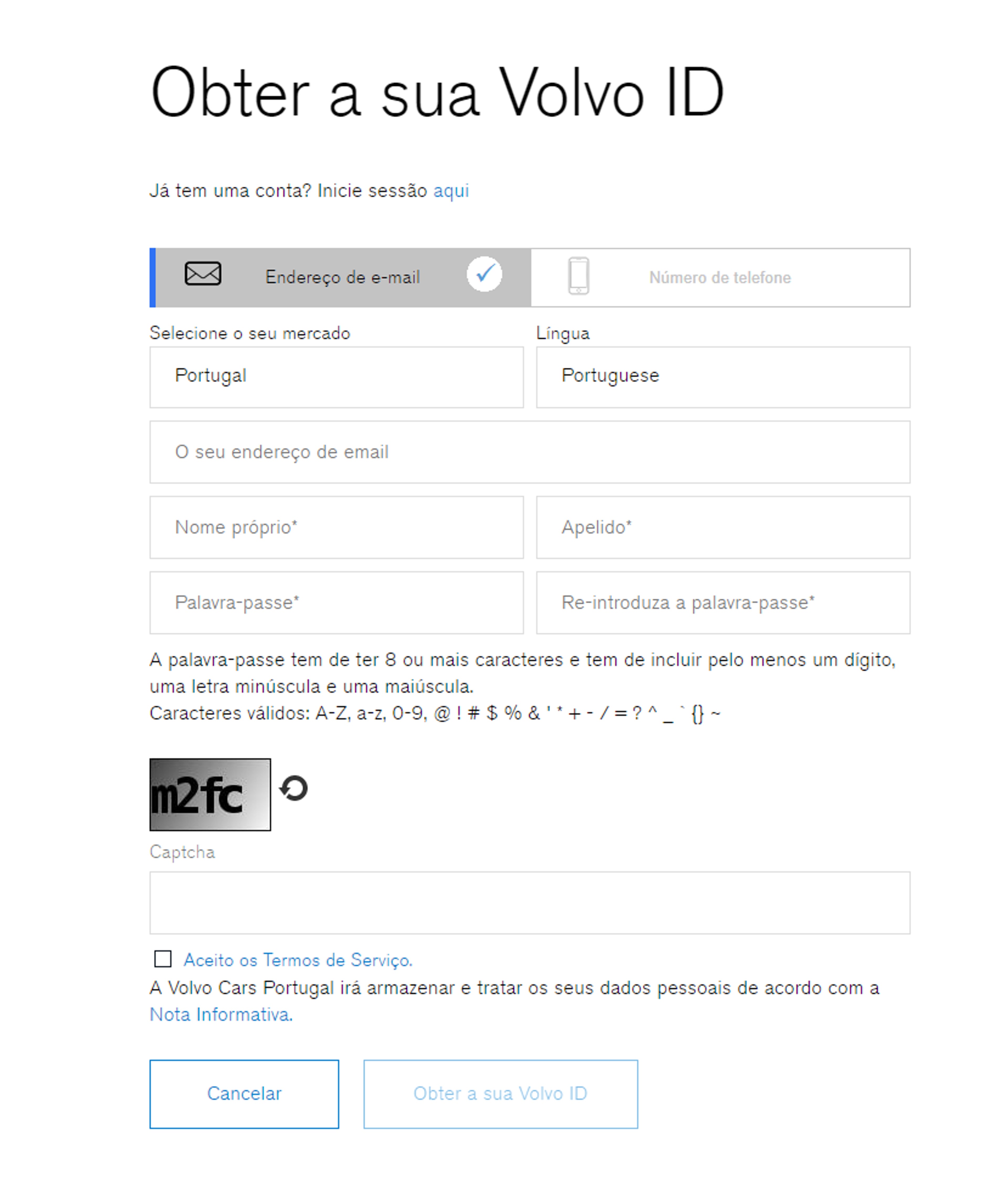 tela de como efetuar o registo na app da Volo