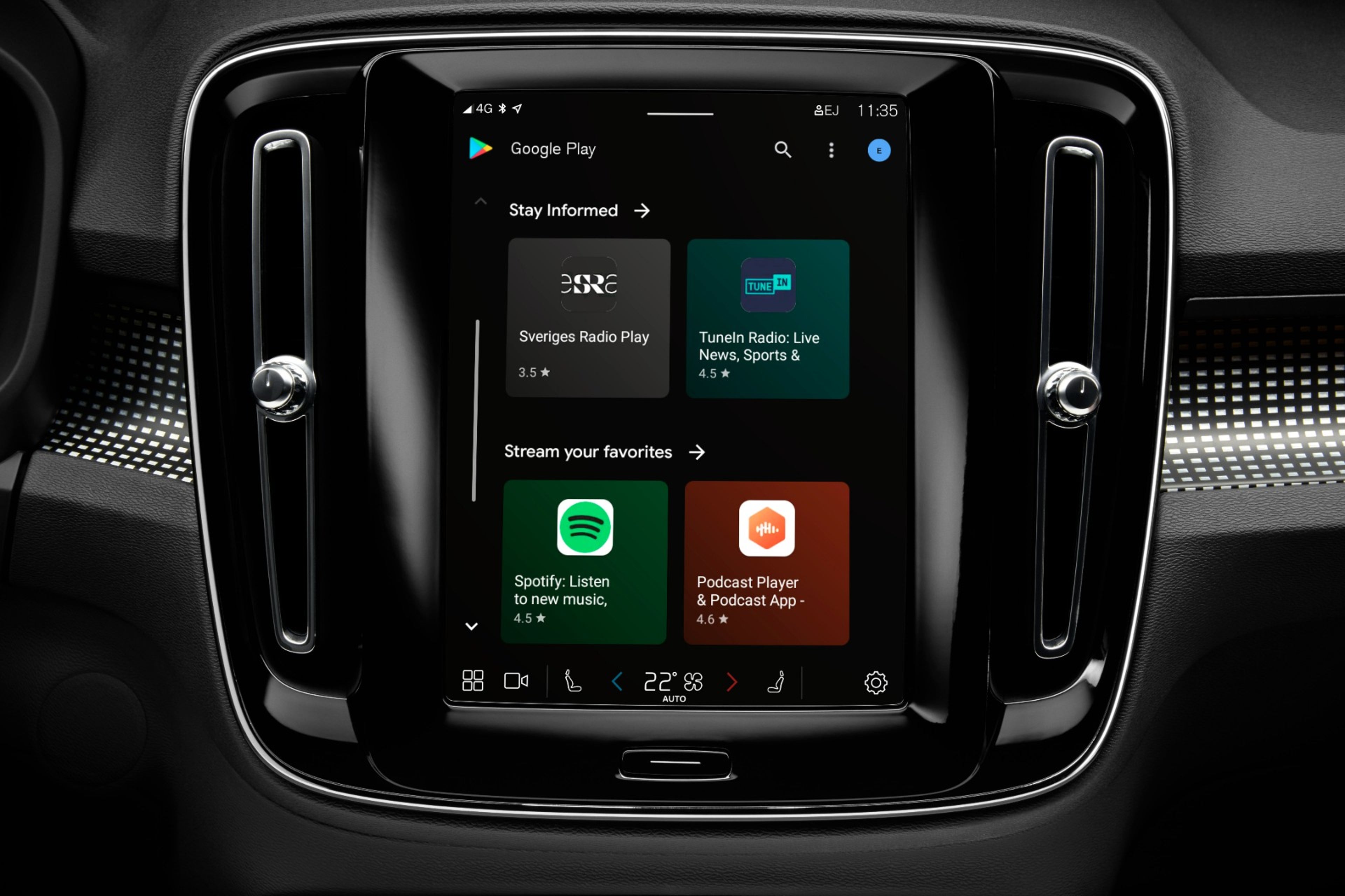 Tela central do painel de um Volvo exibindo o menu inicial