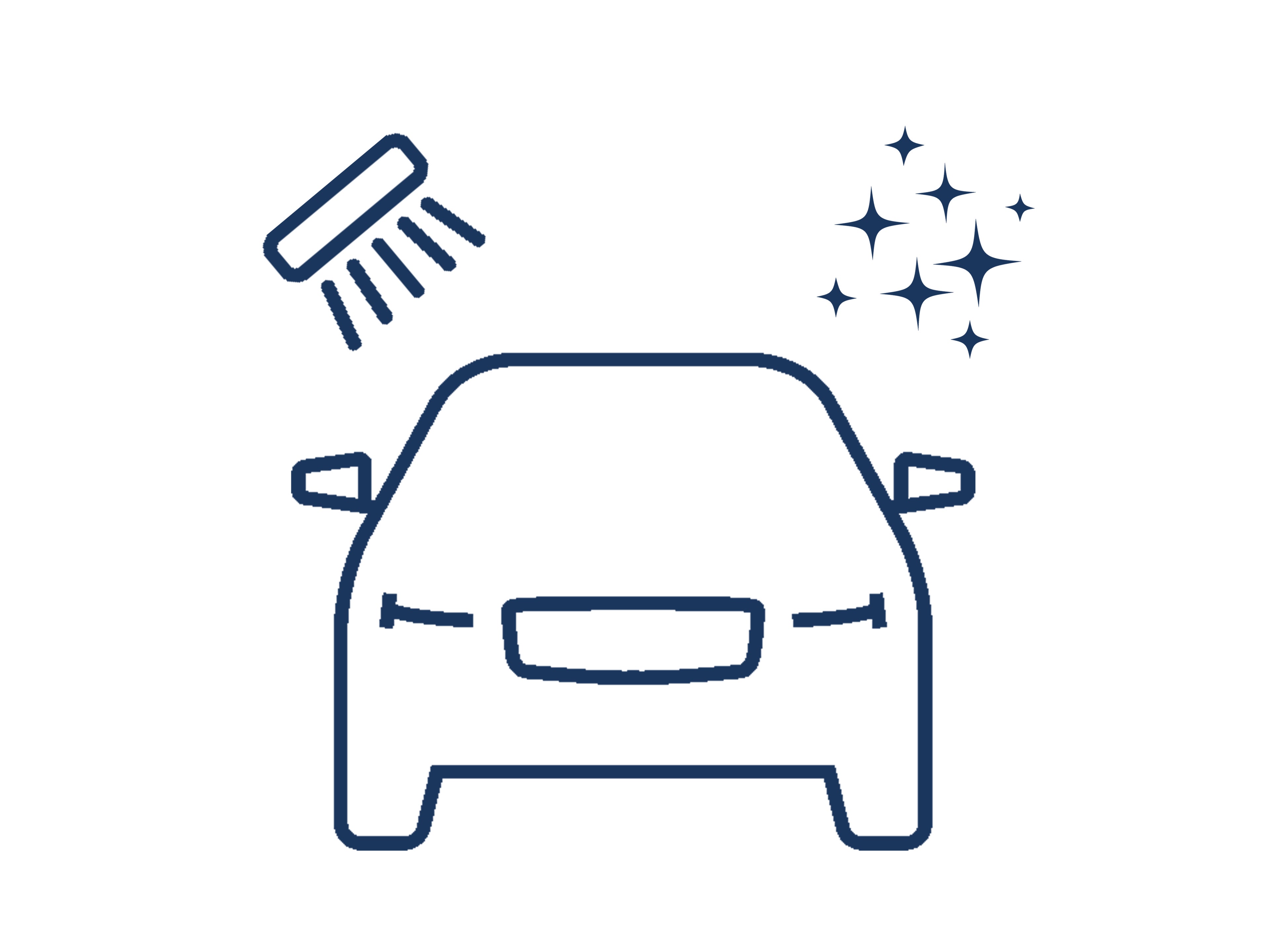 "CarCare" Icon bestehend aus blauen Konturen, die ein Auto mit Waschgang gezeigt wird.