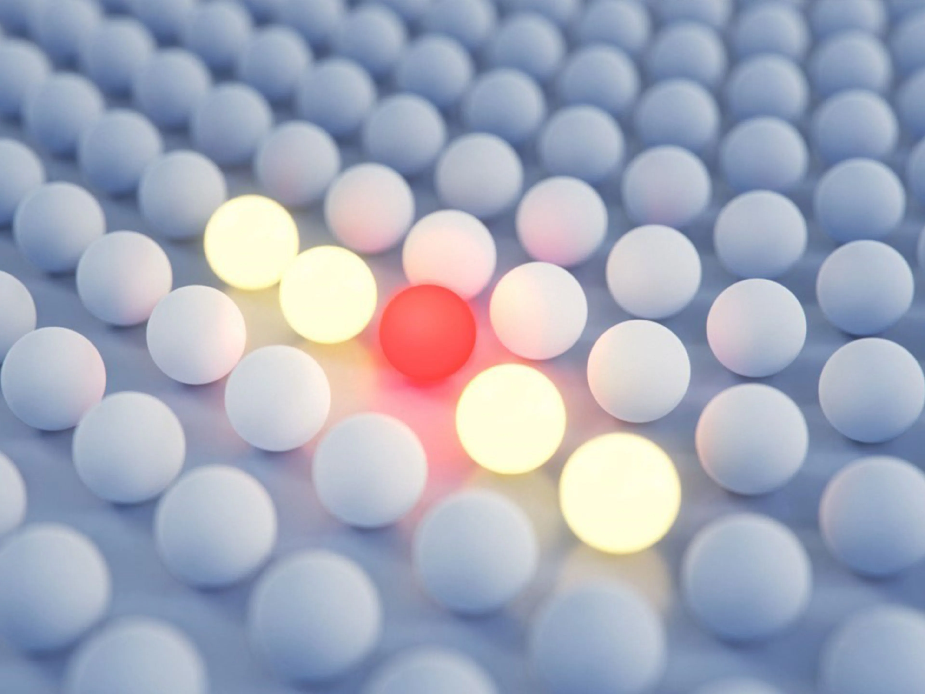 Vier weiße LEDs leuchten in einer Reihe. Dazwischen eine rote LED inmitten einer Vielzahl von weiteren LEDs, die nicht leuchten.