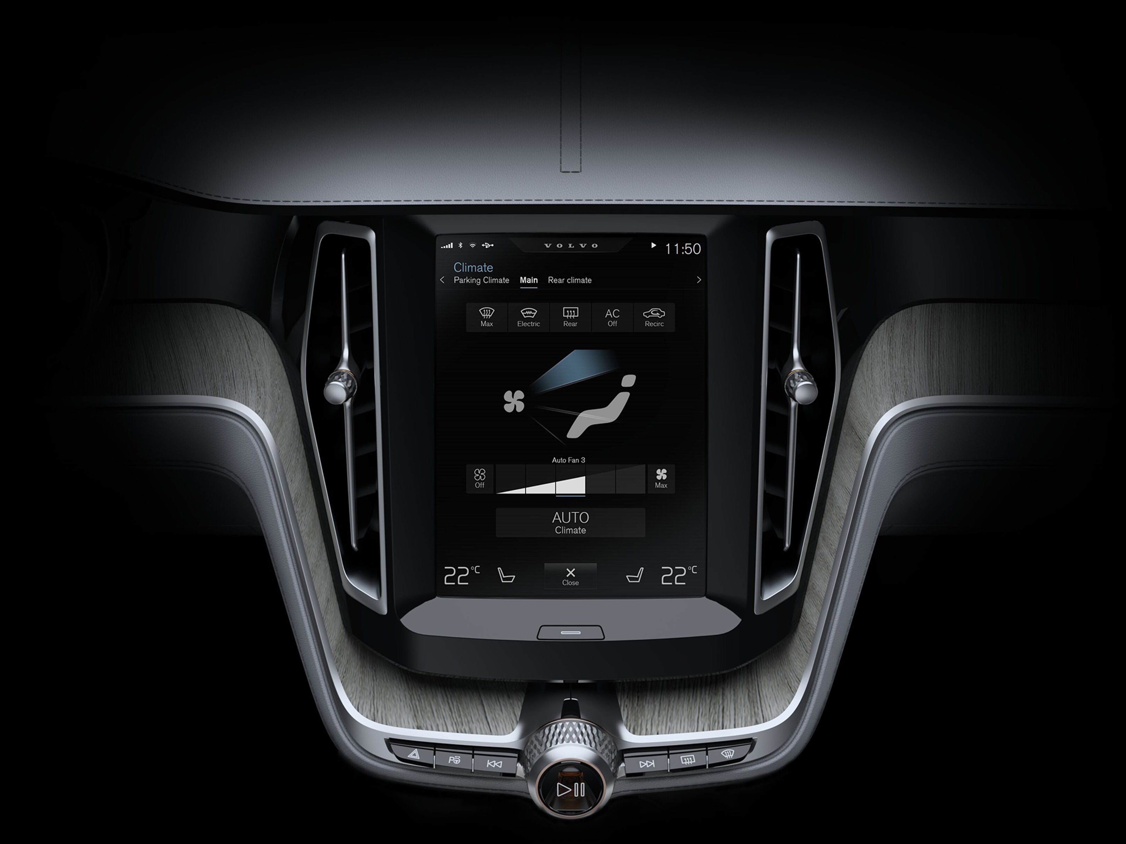 Tela central do painel de um Volvo exibindo o controle digital do ar-condicionado