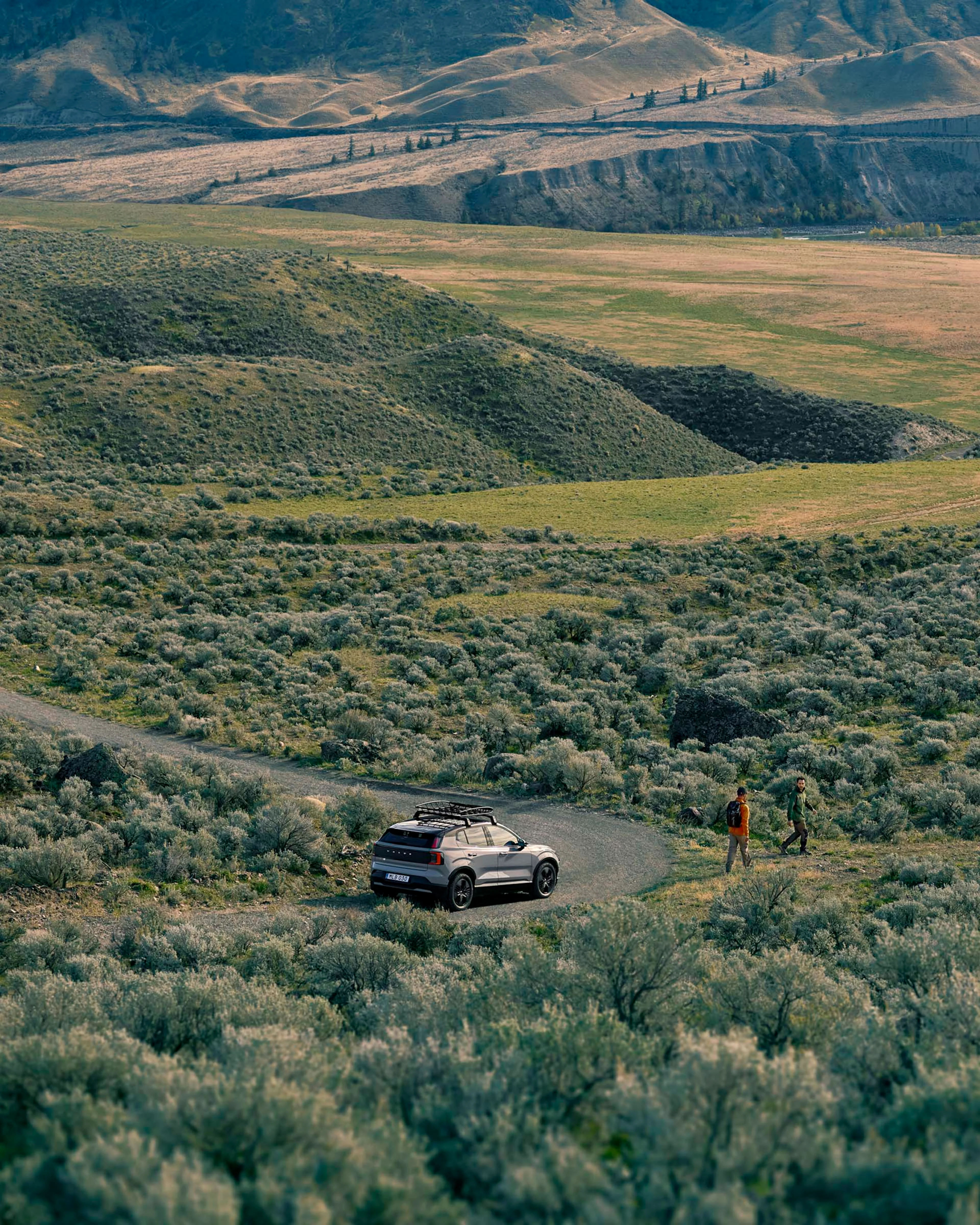Vista de un prado verde con un Volvo EX30 en una carretera secundaria