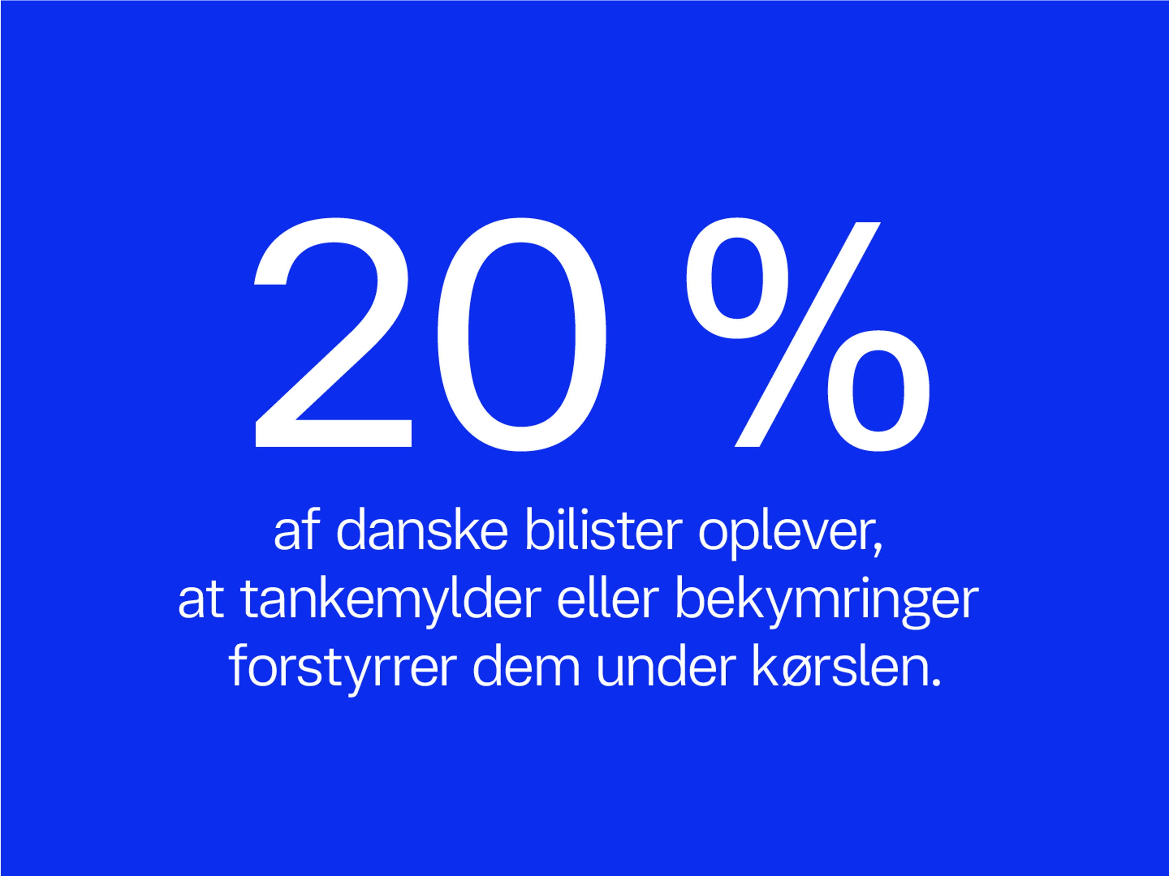 Blå baggrund med hvid tekst: '20% af bilister oplever, at tankemylder eller bekymringer forstyrrer dem under kørslen.' Udtrykket er informativt og nøgternt.