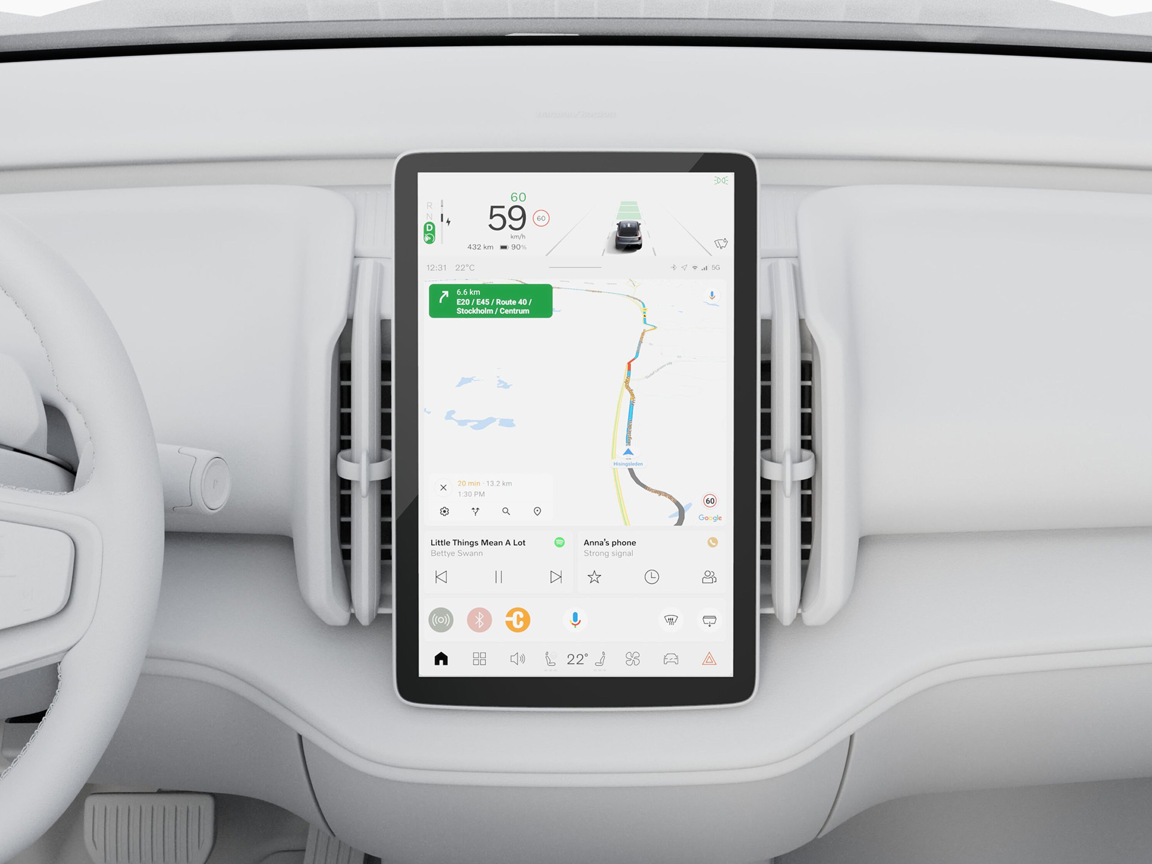 Interior de um volvo branco, foco no tablet central , com o maps aberto a ser utilizado