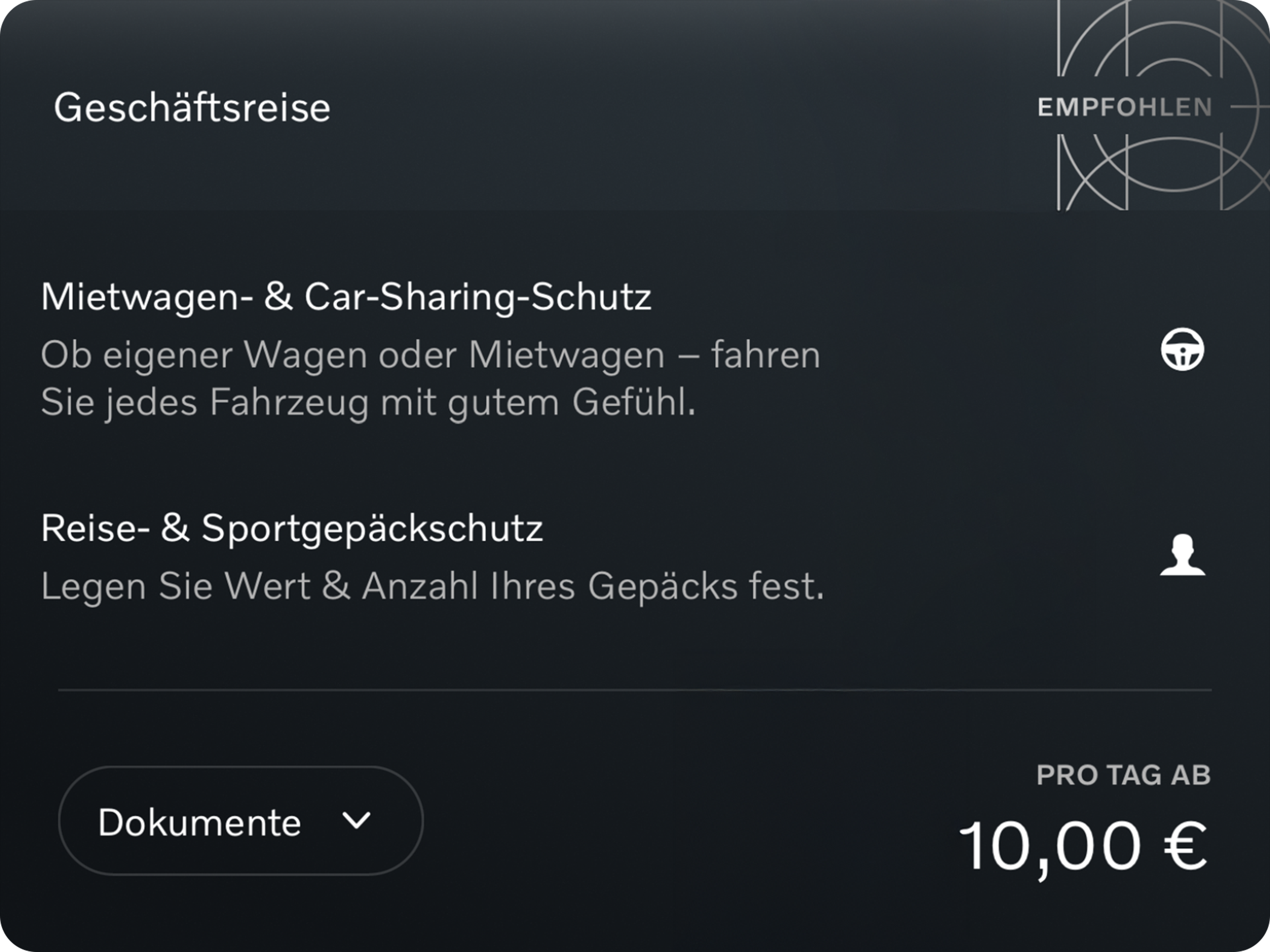 App Card Geschäftsreise aus der Volvo Car Protection App.