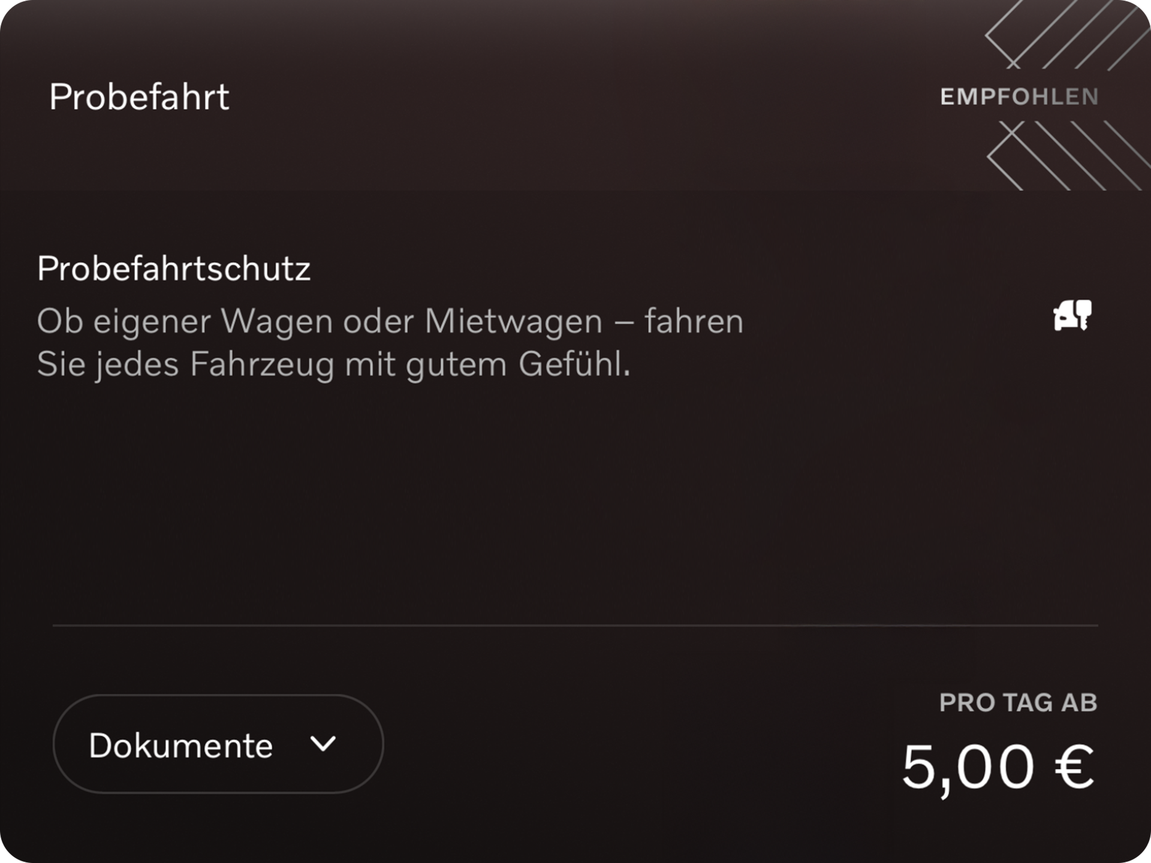 App Card Probefahrt aus der Volvo Car Protection App.