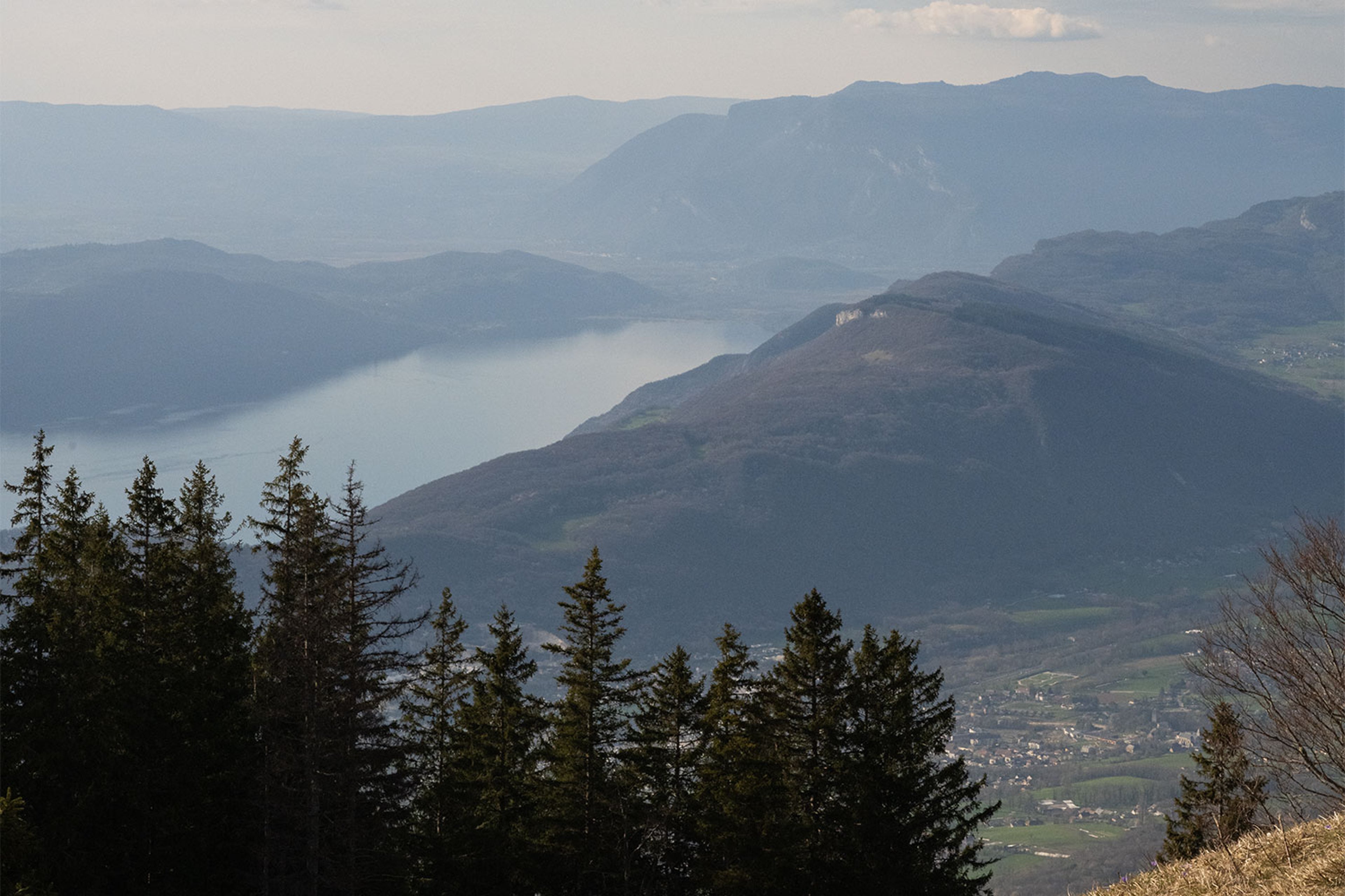 Lac entouré de montagnes, arbres au premier plan et ciel légèrement nuageux.