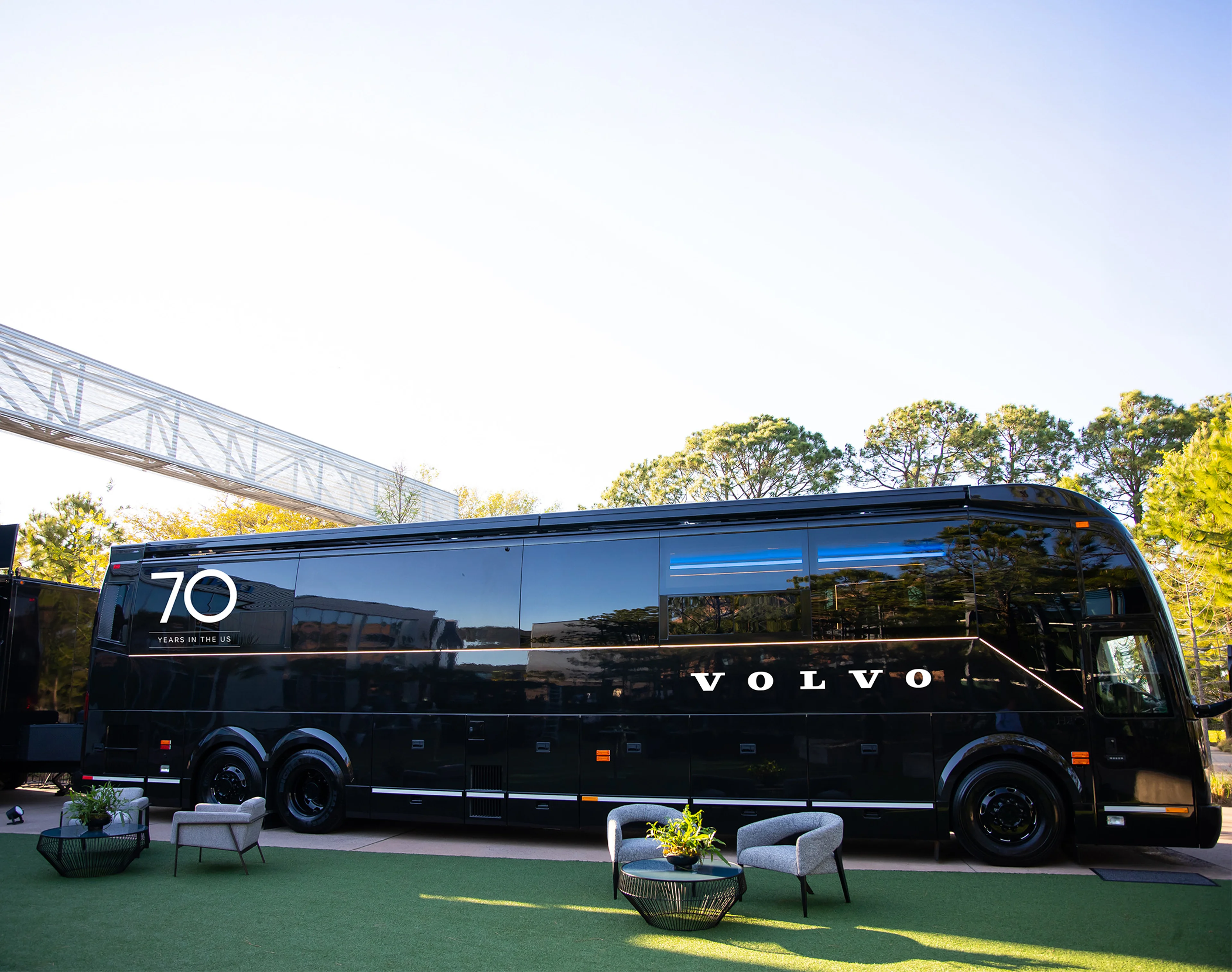 Volvo Cars Mobile Studio parked with seats and tables