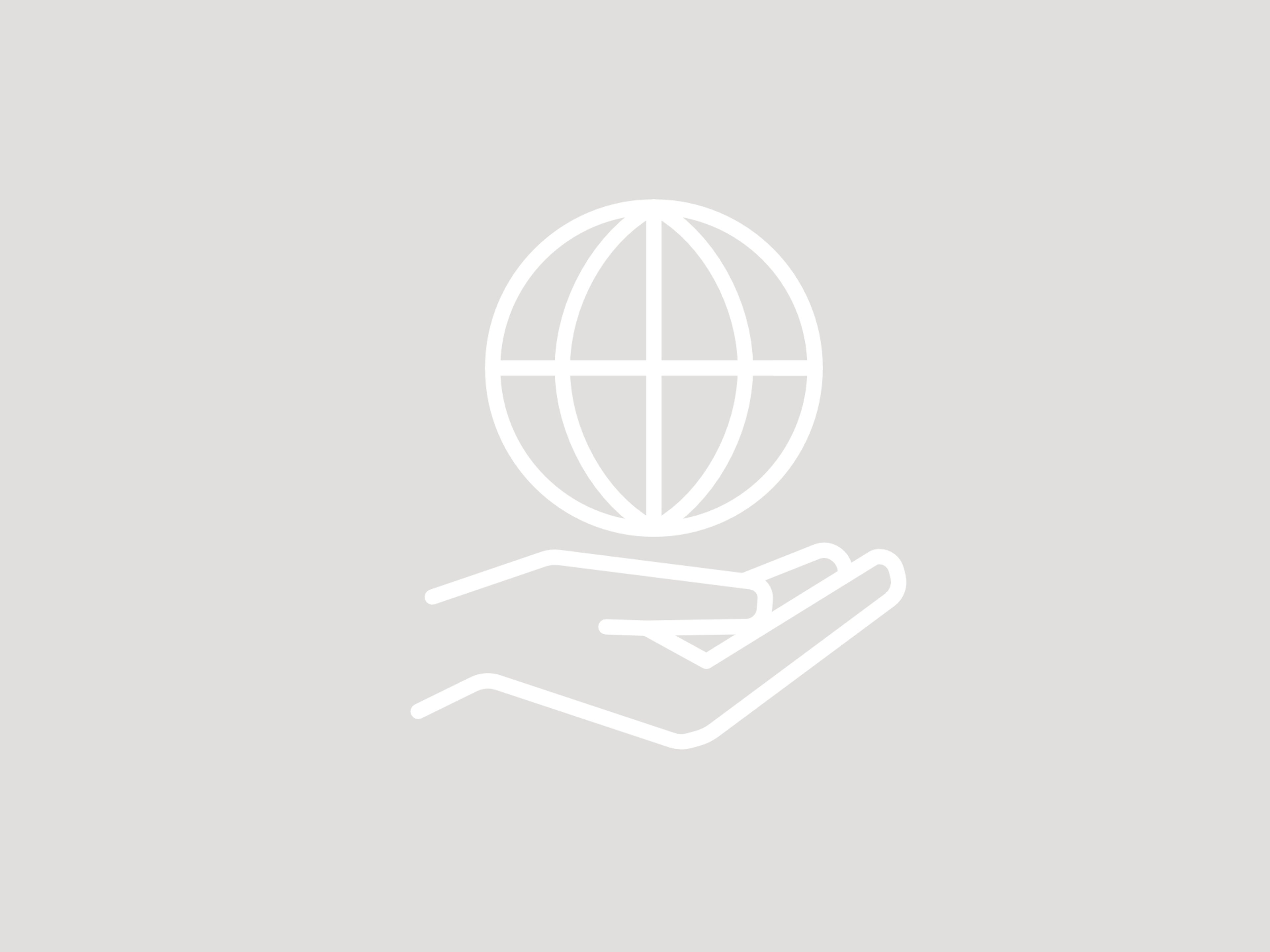 Ein Icon stellt eine stilisierte Erdkugel dar, die von einer Hand aufgefangen wird.