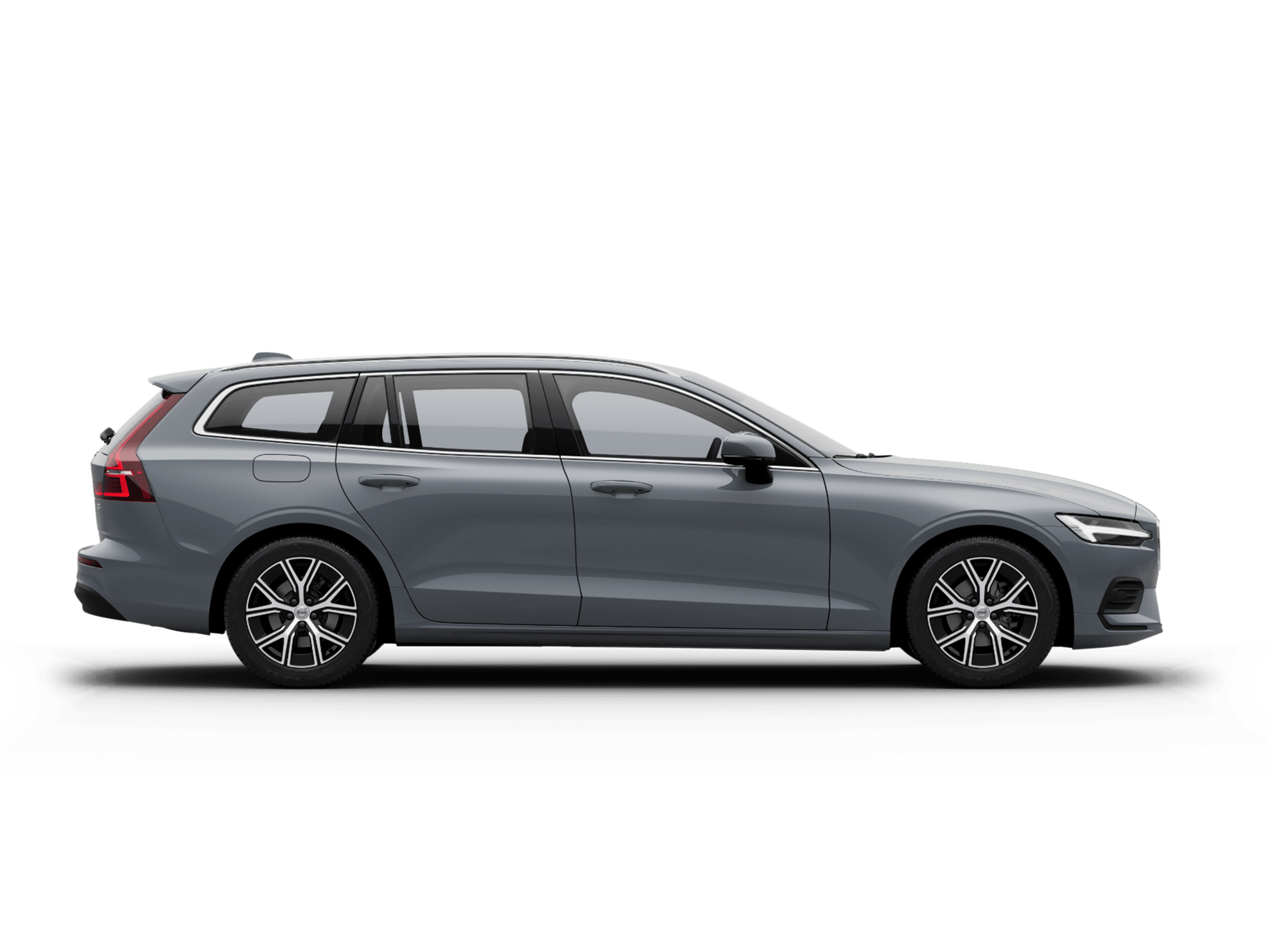 Vue latérale d'une Volvo V60 break grise sur fond blanc.