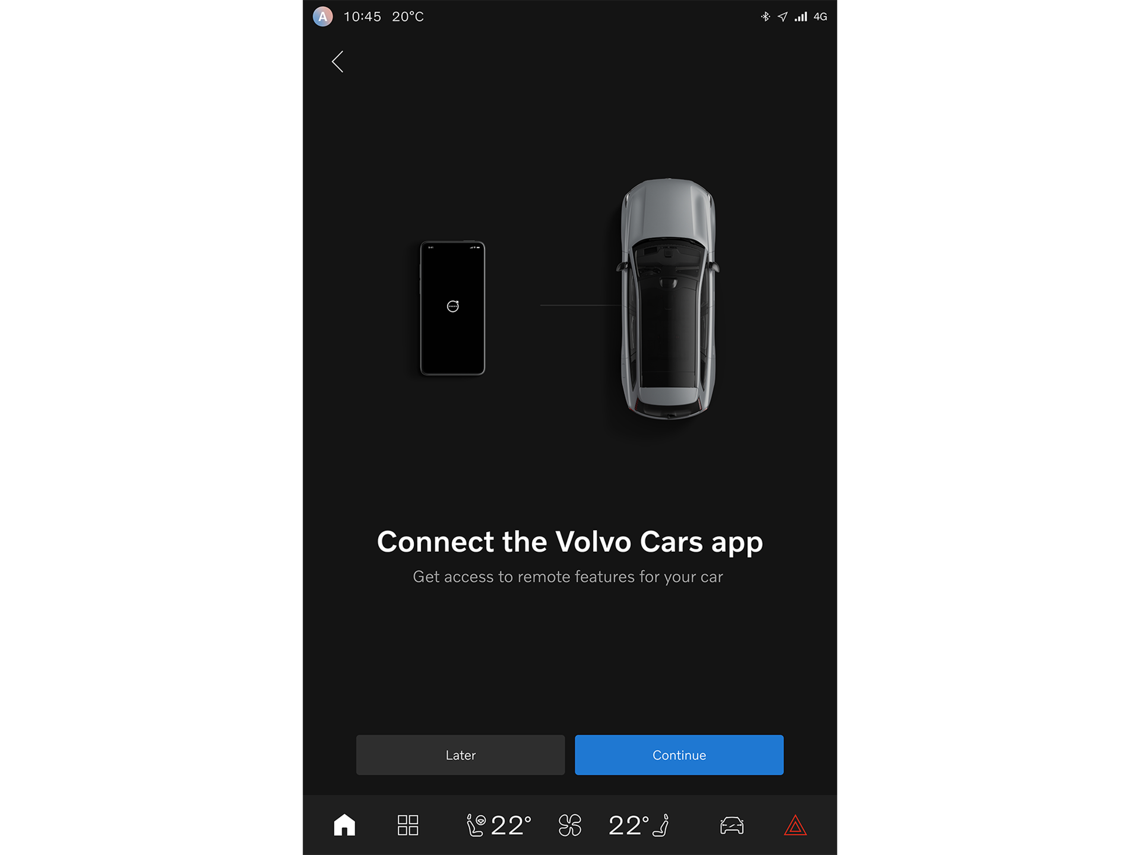 Capture d’écran de l’application Volvo Cars montrant le processus d’appairage du véhicule à l’application
