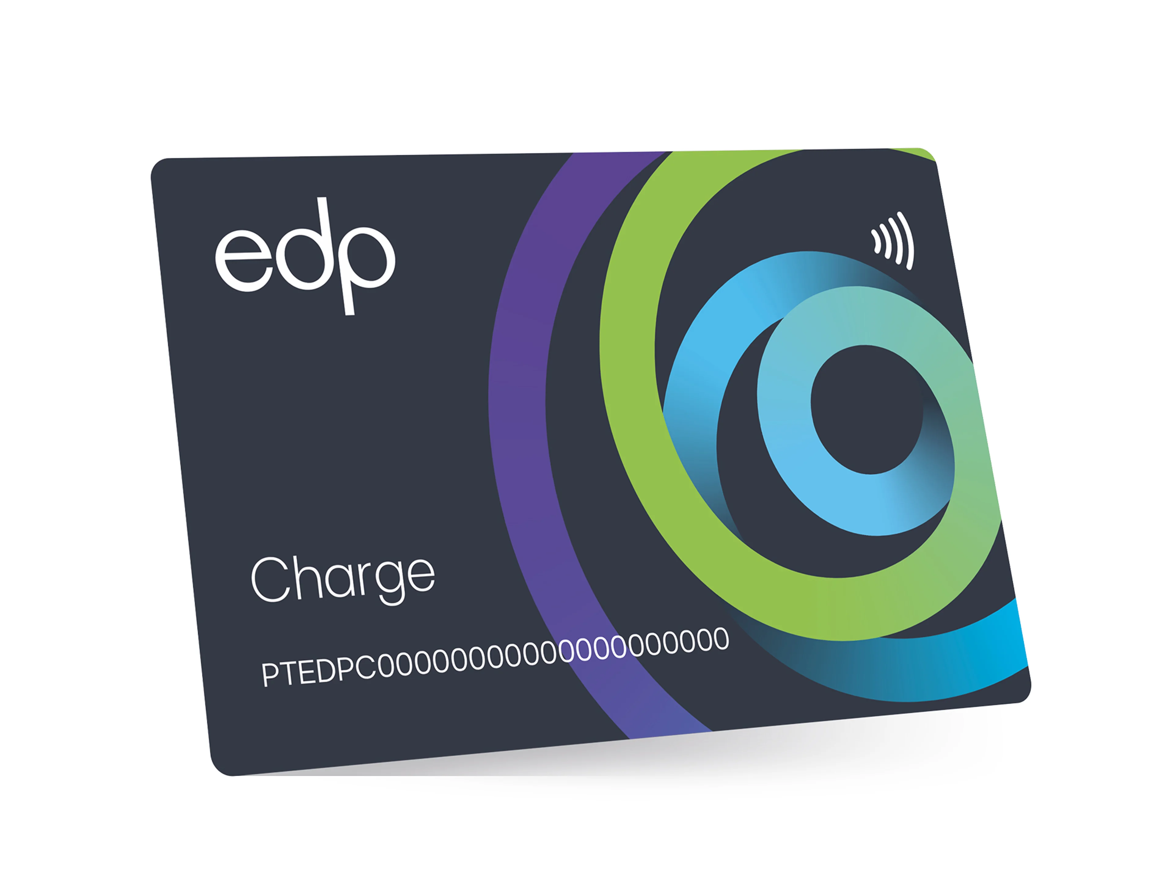 Cartão de carregamento EDP, azul escuro com o logotipo a edp a verde