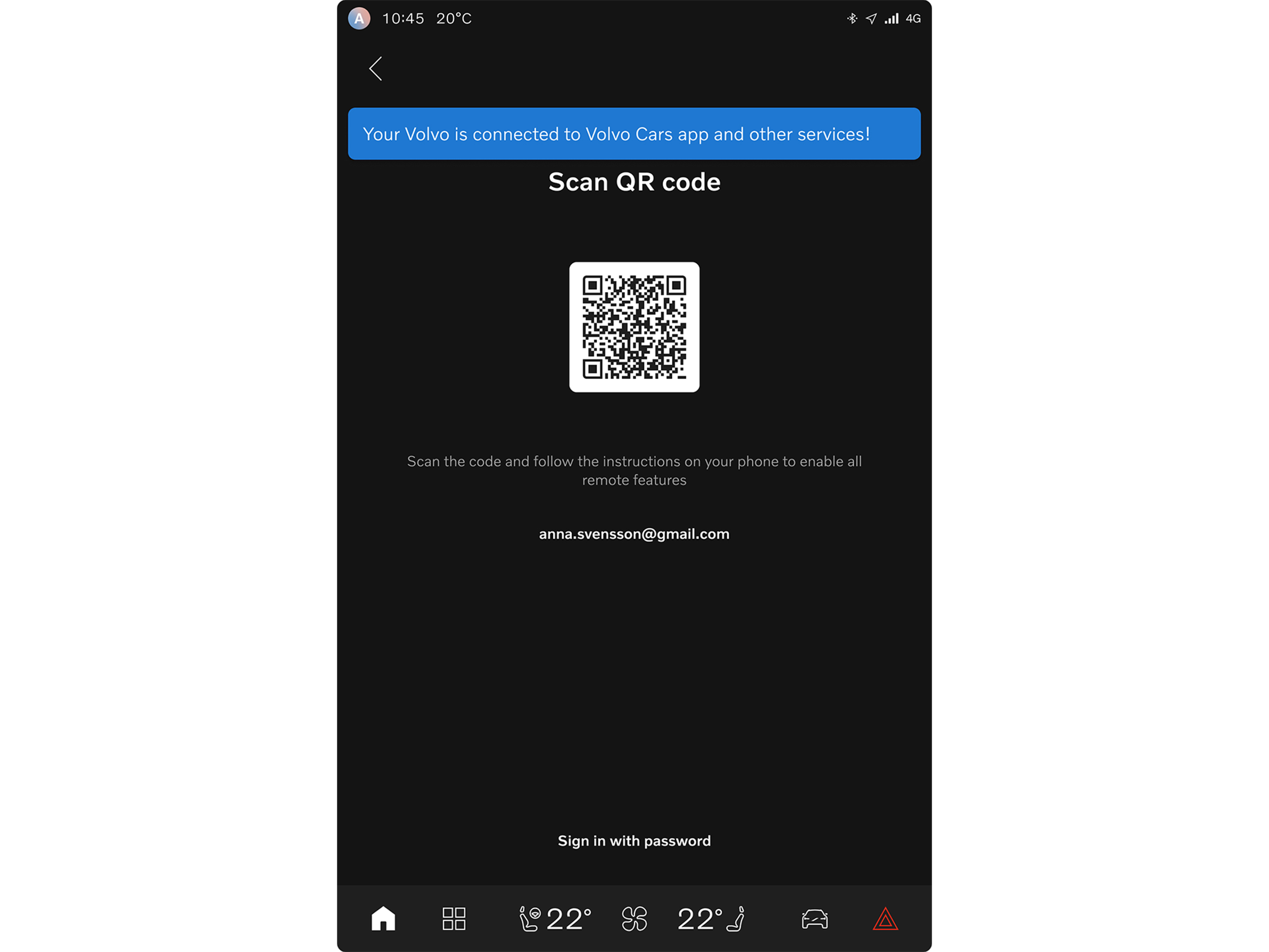 Capture d’écran de l’application Volvo Cars montrant le message confirmant l’appairage du véhicule