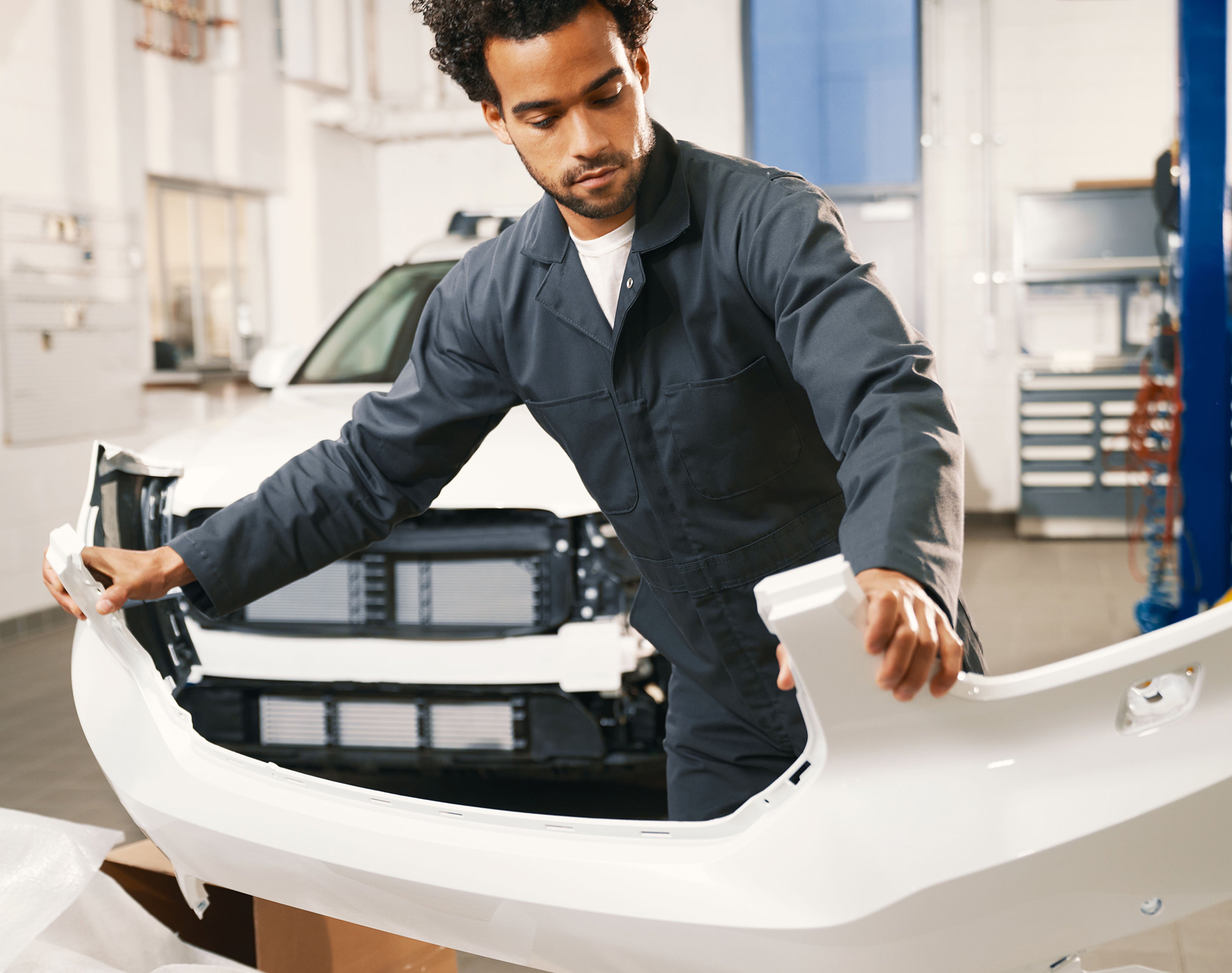 Vehicle being repaired by a trained Volvo Certified Collision Centre technician